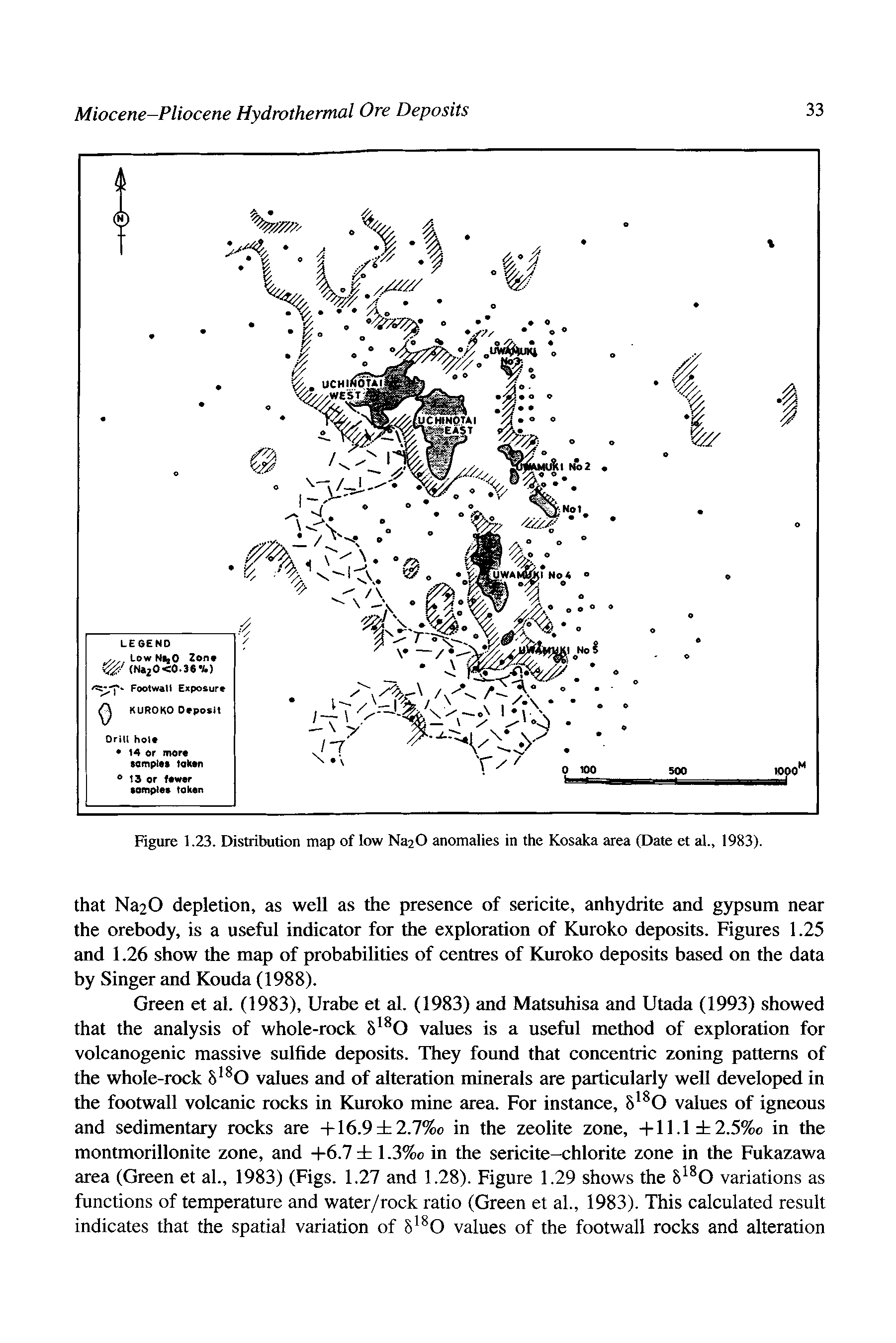 Figure 1.23. Distribution map of low Na20 anomalies in the Kosaka area (Date et al., 1983).
