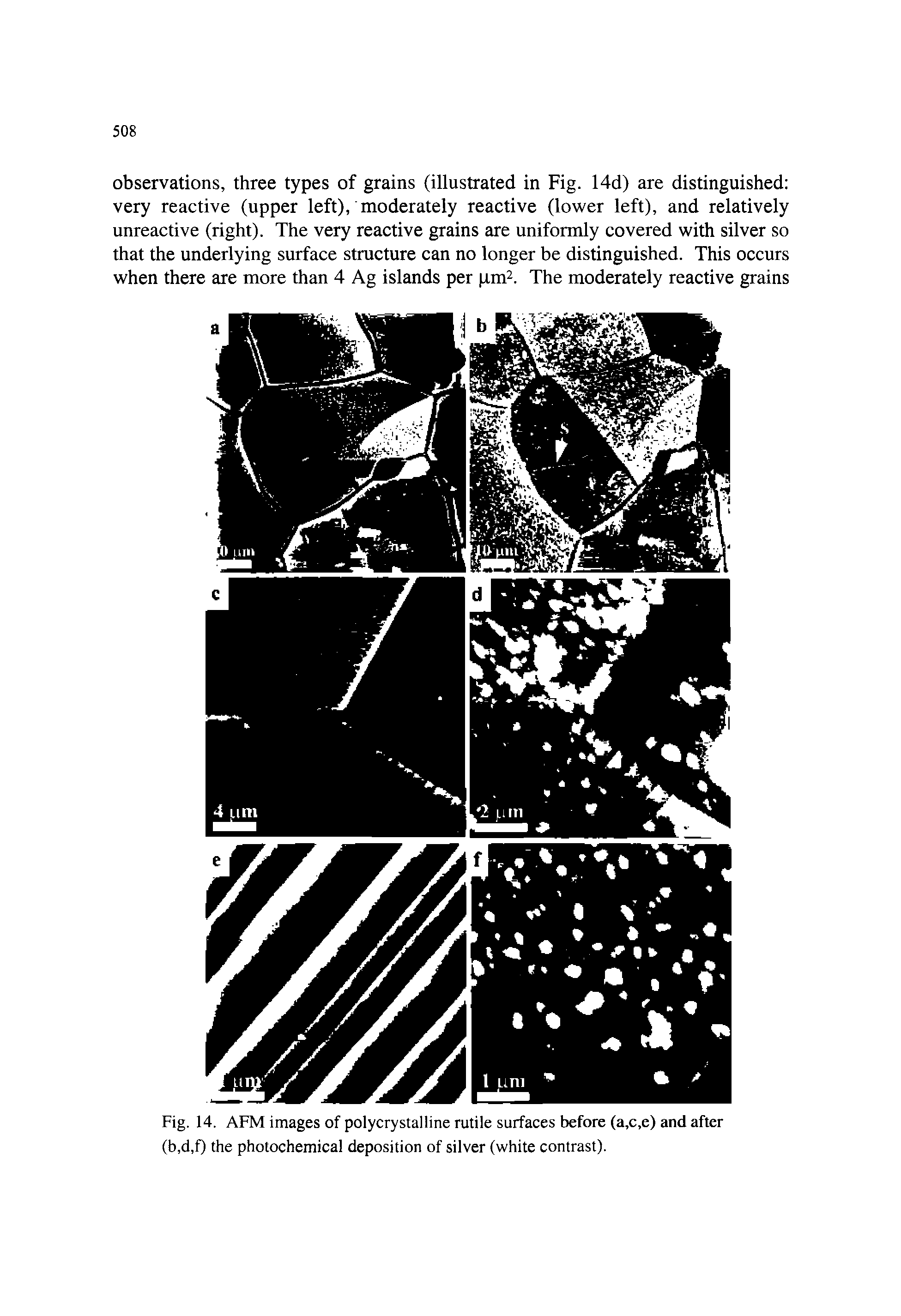 Fig. 14. AFM images of polycrystalline rutile surfaces before (a,c,e) and after (b,d,f) the photochemical deposition of silver (white contrast).
