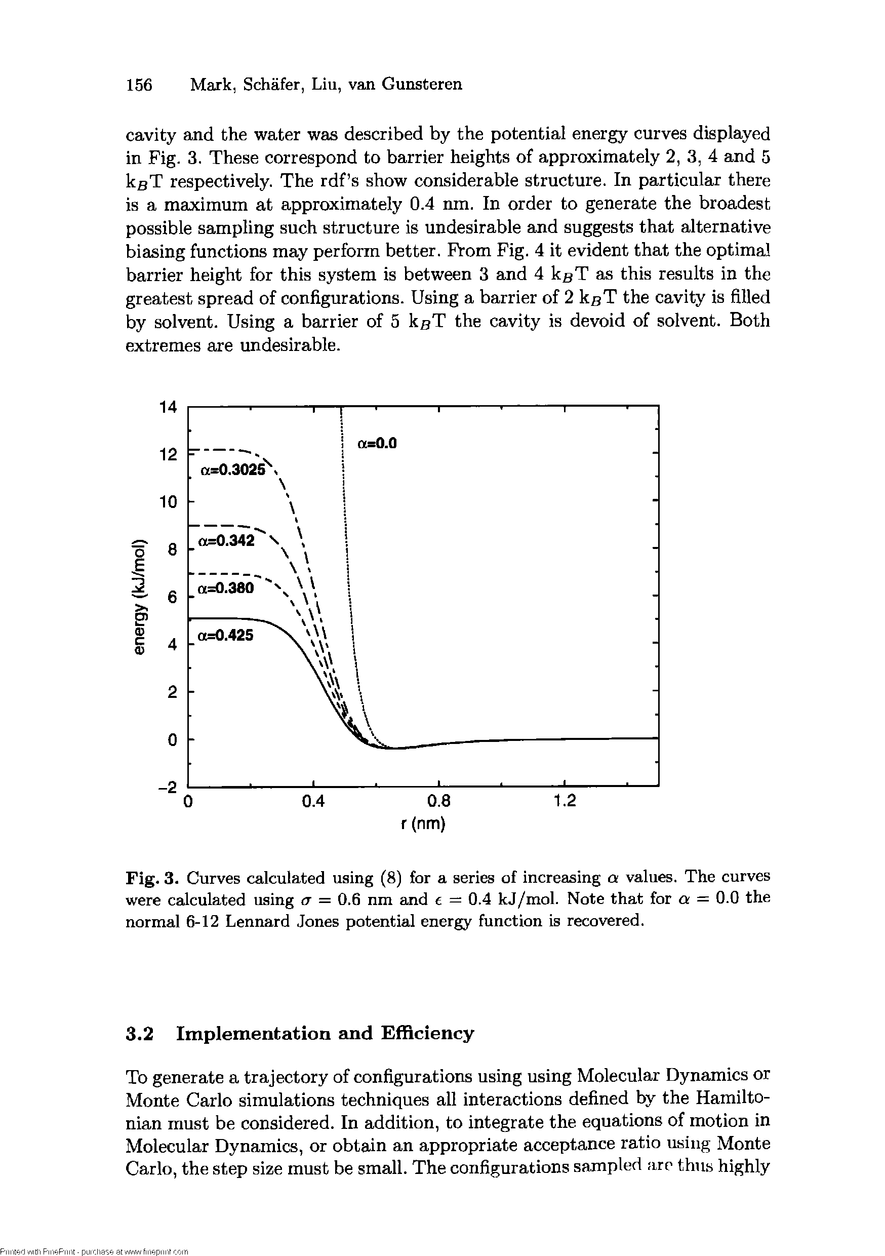 Fig. 3. Curves calculated using (8) for a series of increasing a values. The curves were calculated using tr = 0.6 nm and e = 0.4 kj/mol. Note that for a = 0.0 the normal 6-12 Lennard Jones potential energy function is recovered.