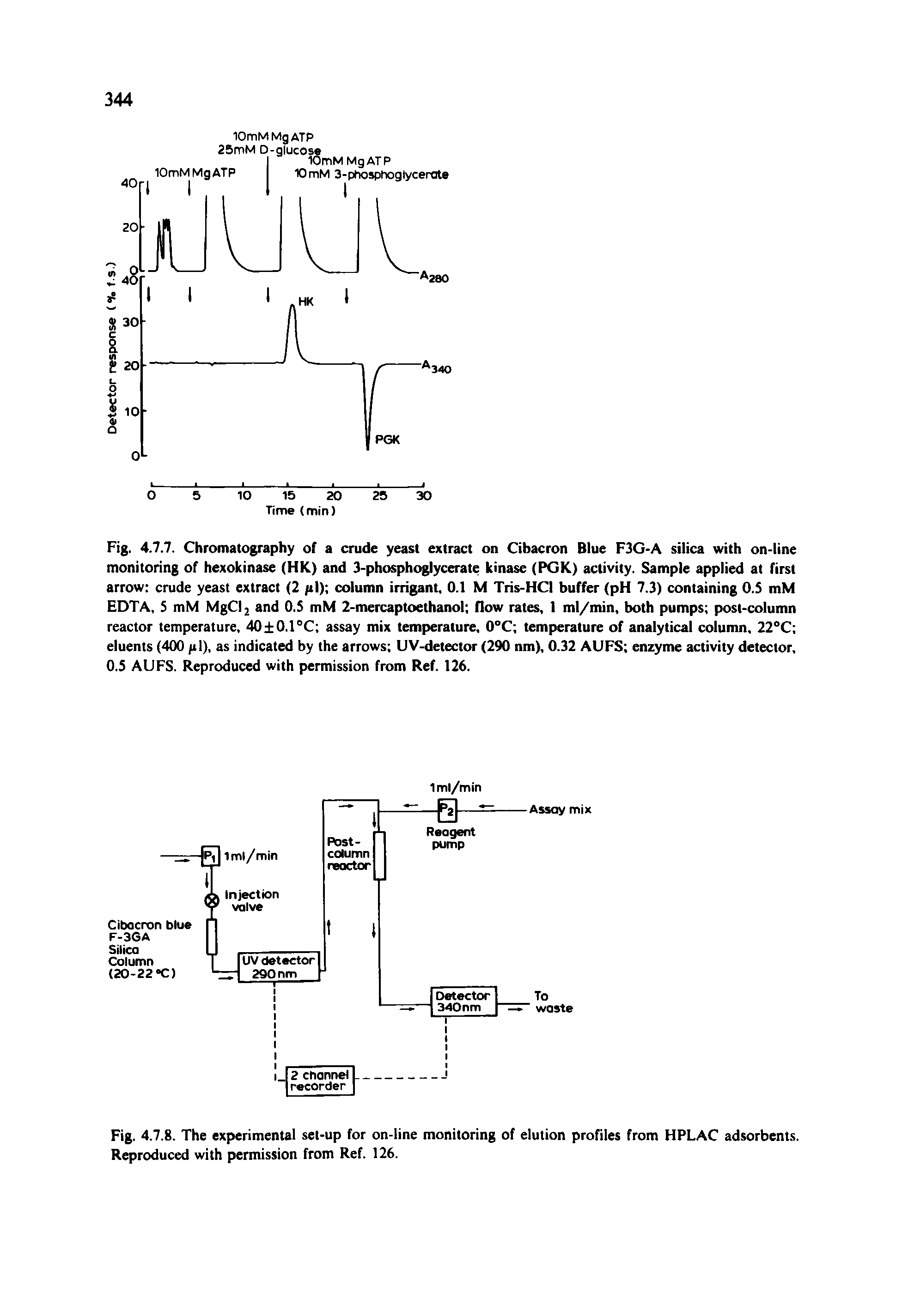 Fig. 4.7.7. Chromatography of a crude yeast extract on Cibacron Blue F3G-A silica with on-line monitoring of hexokinase (HK) and 3-phosphoglycerate kinase (PGK) activity. Sample applied at first arrow crude yeast extract (2 pi) column irrigant, 0.1 M Tris-HCI buffer (pH 7.3) containing O.S mM EDTA, 5 mM MgClj and O.S mM 2-mercaptoethanol flow rates, I ml/min, both pumps post-column reactor temperature, 40 0.1°C assay mix temperature, 0°C temperature of analytical column, 22°C eluents (400 pi), as indicated by the arrows UV-detector (290 nm), 0.32 AUFS enzyme activity detector, 0.5 AUFS. Reproduced with permission from Ref. 126.