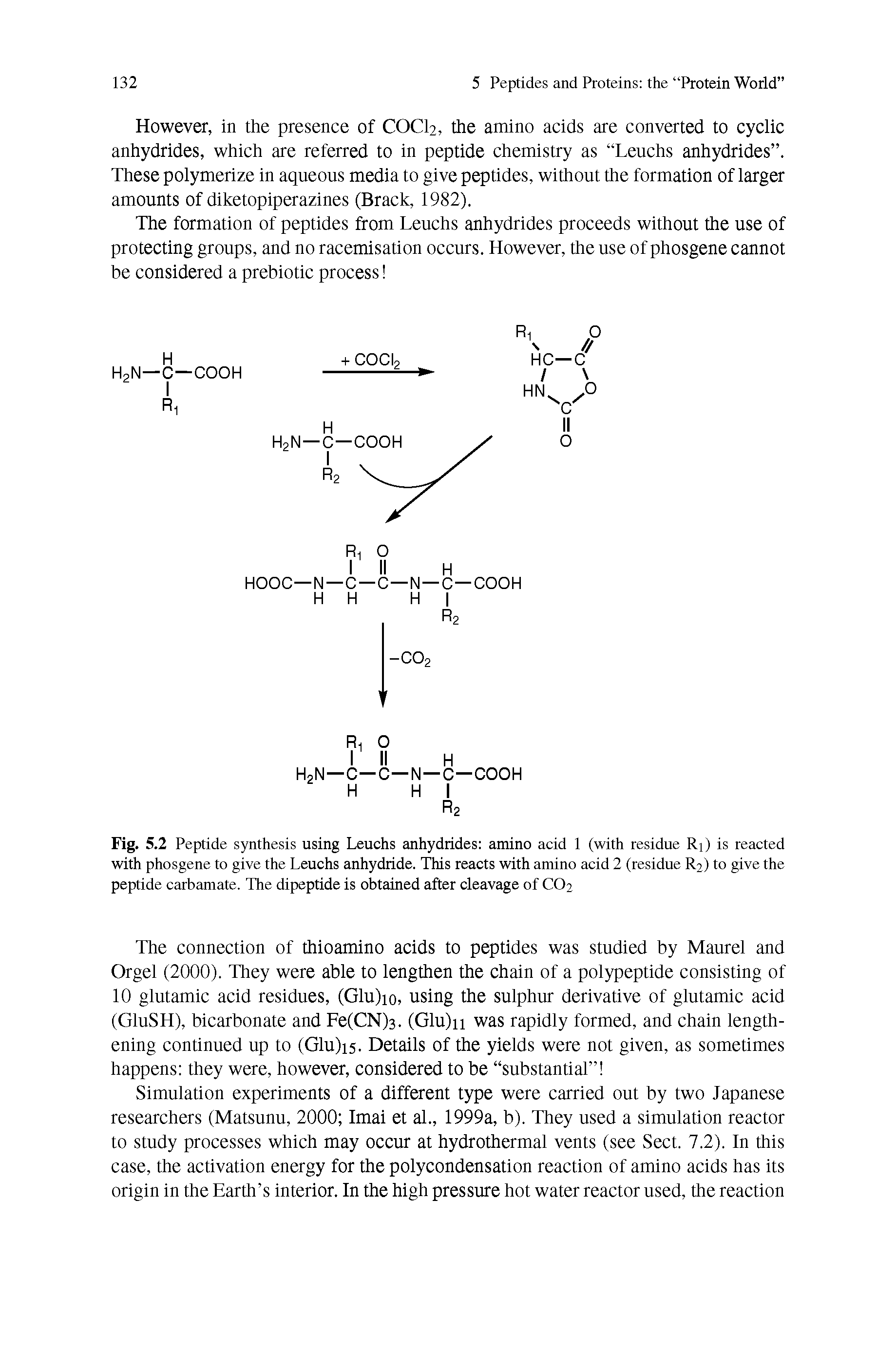 Fig. 5.2 Peptide synthesis using Leuchs anhydrides amino acid 1 (with residue Ri) is reacted with phosgene to give the Leuchs anhydride. This reacts with amino acid 2 (residue R2) to give the peptide carbamate. The dipeptide is obtained after cleavage of C02...