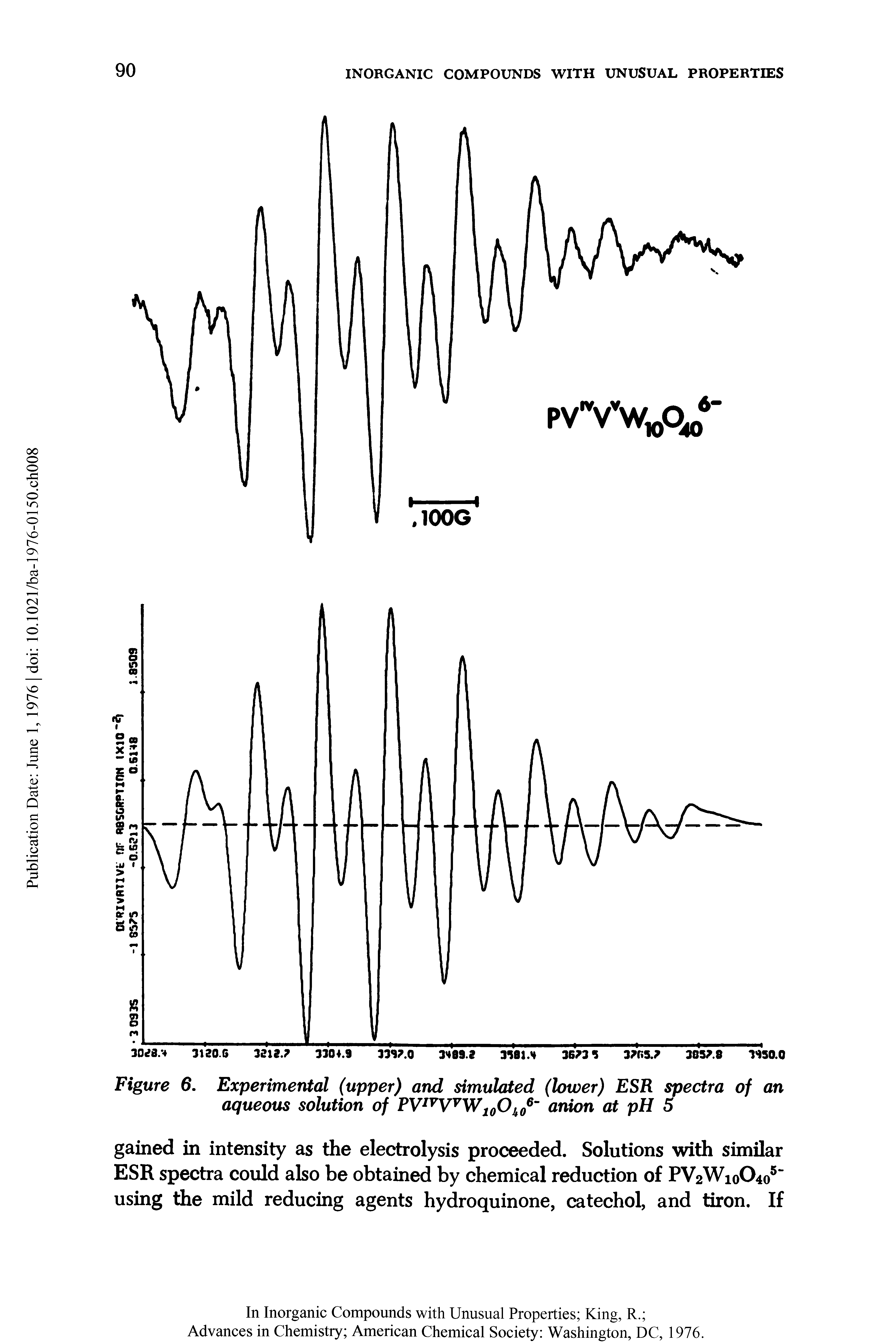 Figure 6. Experimental (upper) and simulated (lower) ESR spectra of an aqueous solution of anion at pH 5...