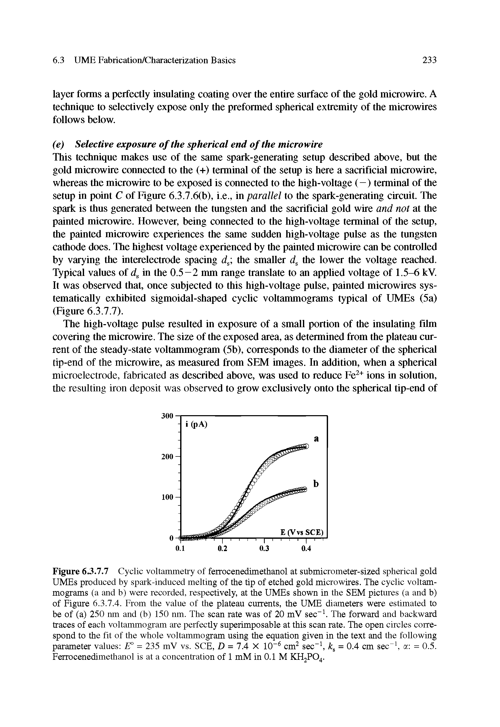 Figure 63.1.7 Cyclic voltammetry of ferrocenedimethanol at submicrometer-sized spherical gold UMEs produced by spark-induced melting of the tip of etched gold microwires. The cyclic voltammograms (a and b) were recorded, respectively, at the UMEs shown in the SEM pictures (a and b) of Figure 6.3.7.4. From the value of the plateau currents, the UME diameters were estimated to be of (a) 250 nm and (b) 150 nm. The scan rate was of 20 mV sec . The forward and backward traces of each voltammogram are perfectly supeiimposable at this scan rate. The open circles correspond to the fit of the whole voltammogram using the equation given in the text and the following...