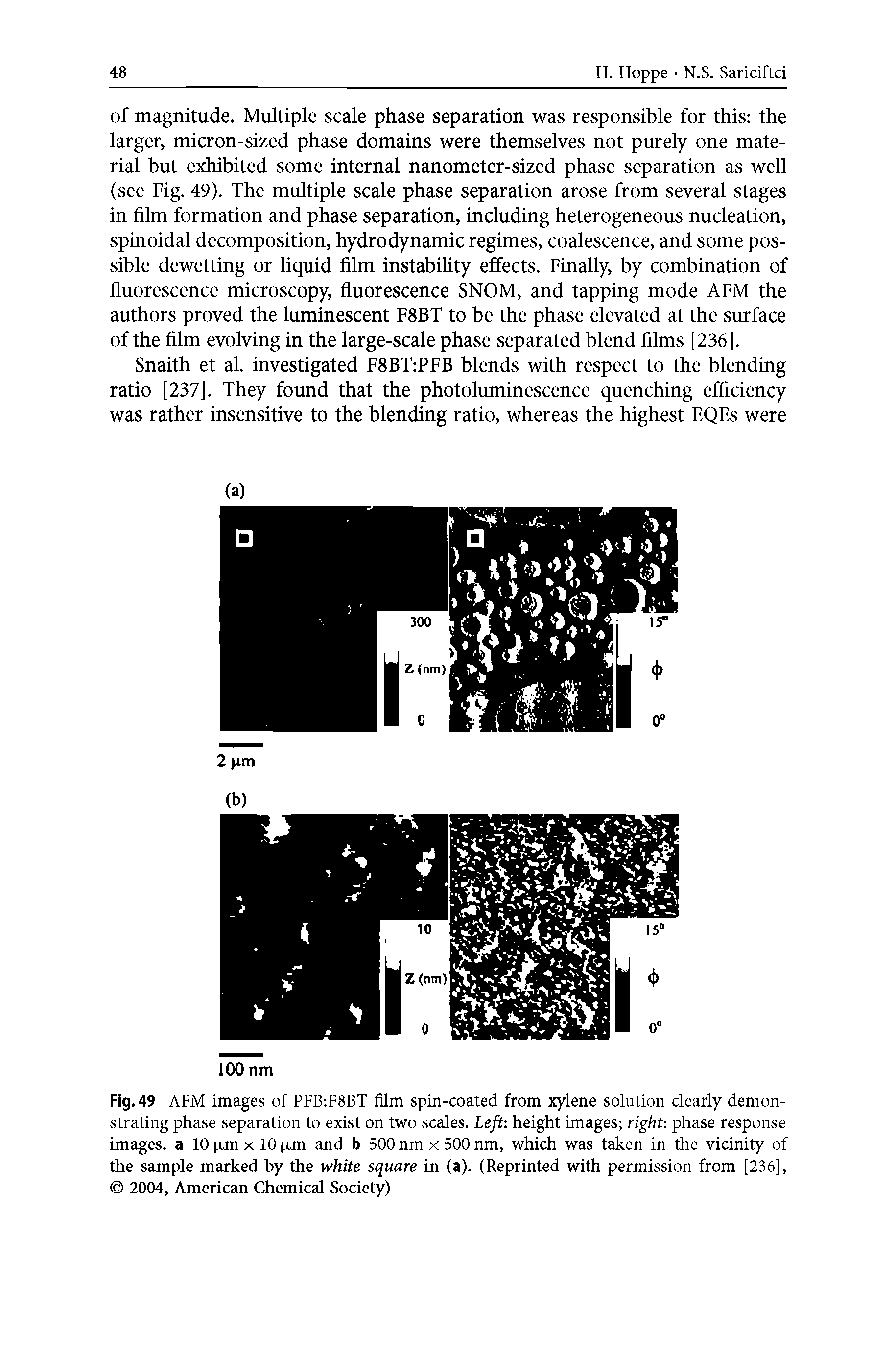 Fig. 49 AFM images of PFB F8BT film spin-coated from xylene solution clearly demonstrating phase separation to exist on two scales. Left height images right phase response images, a 10 p,m x 10 p,m and b 500 nm x 500 nm, which was taken in the vicinity of the sample marked by the white square in (a). (Reprinted with permission from [236], 2004, American Chemical Society)...