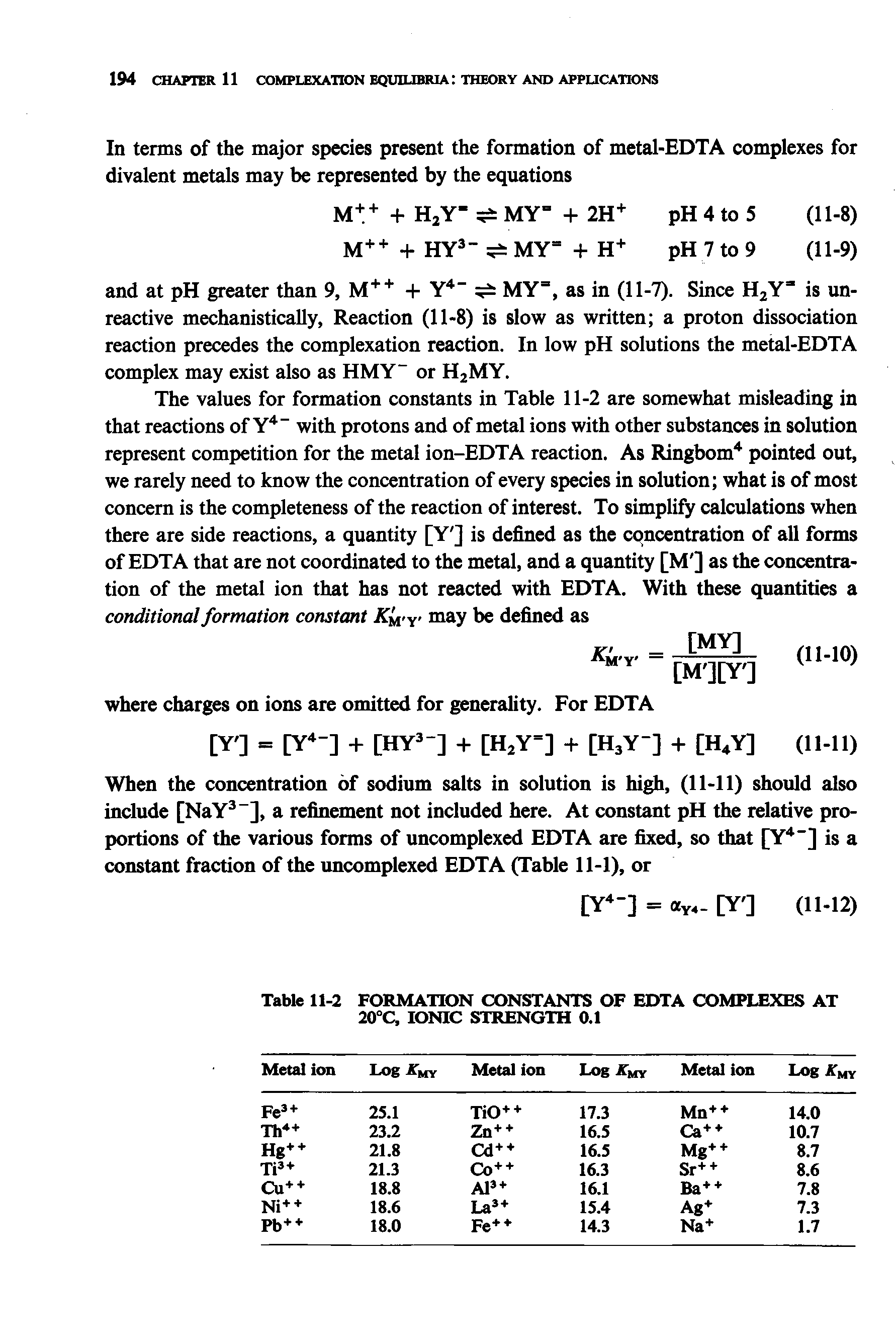 Table 11-2 FORMATION CONSTANTS OF EDTA COMPLEXES AT 20°C, IONIC STRENGTH 0.1...