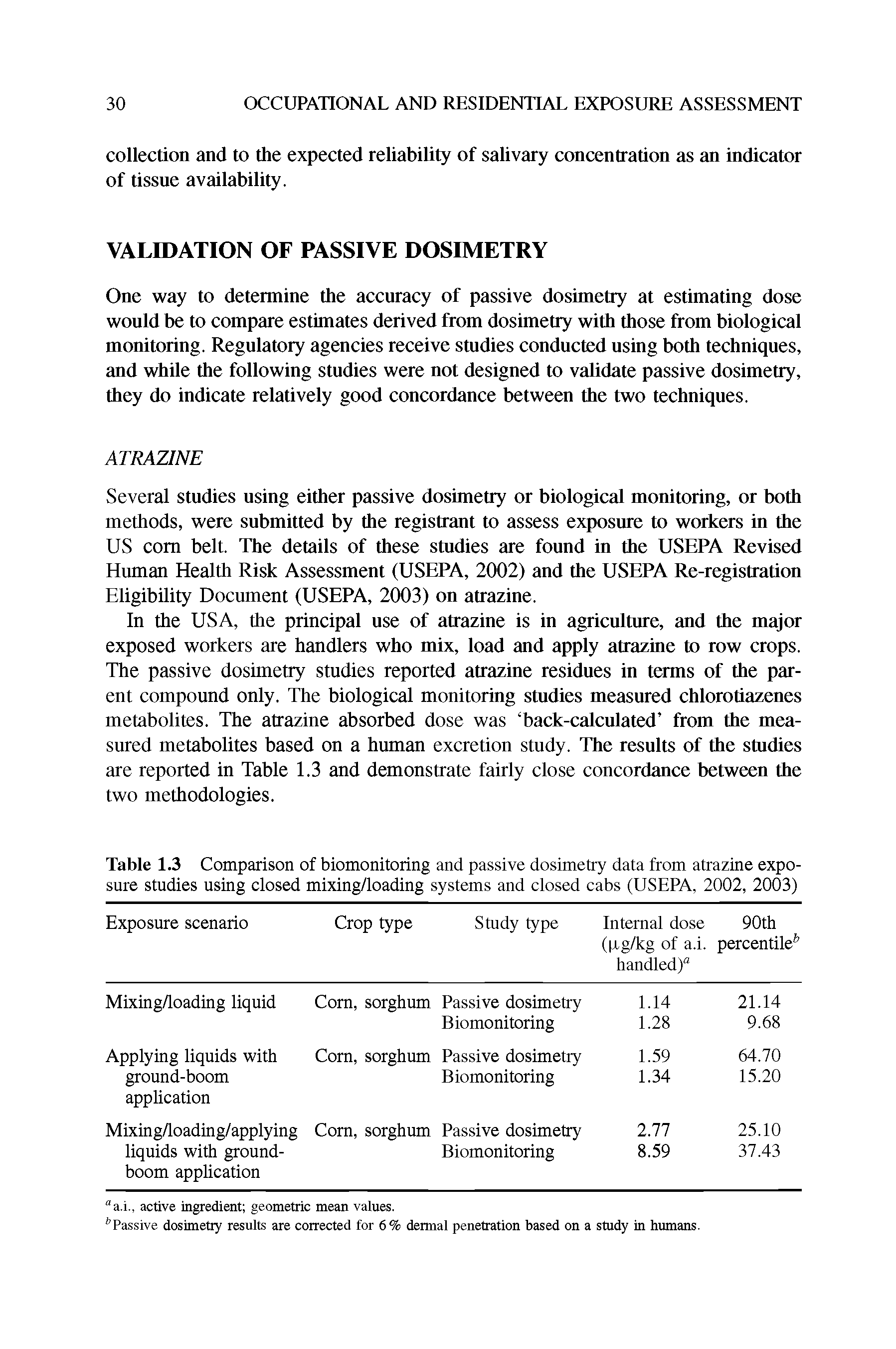 Table 1.3 Comparison of biomonitoring and passive dosimetry data from atrazine exposure studies using closed mixing/loading systems and closed cabs (USEPA, 2002, 2003)...