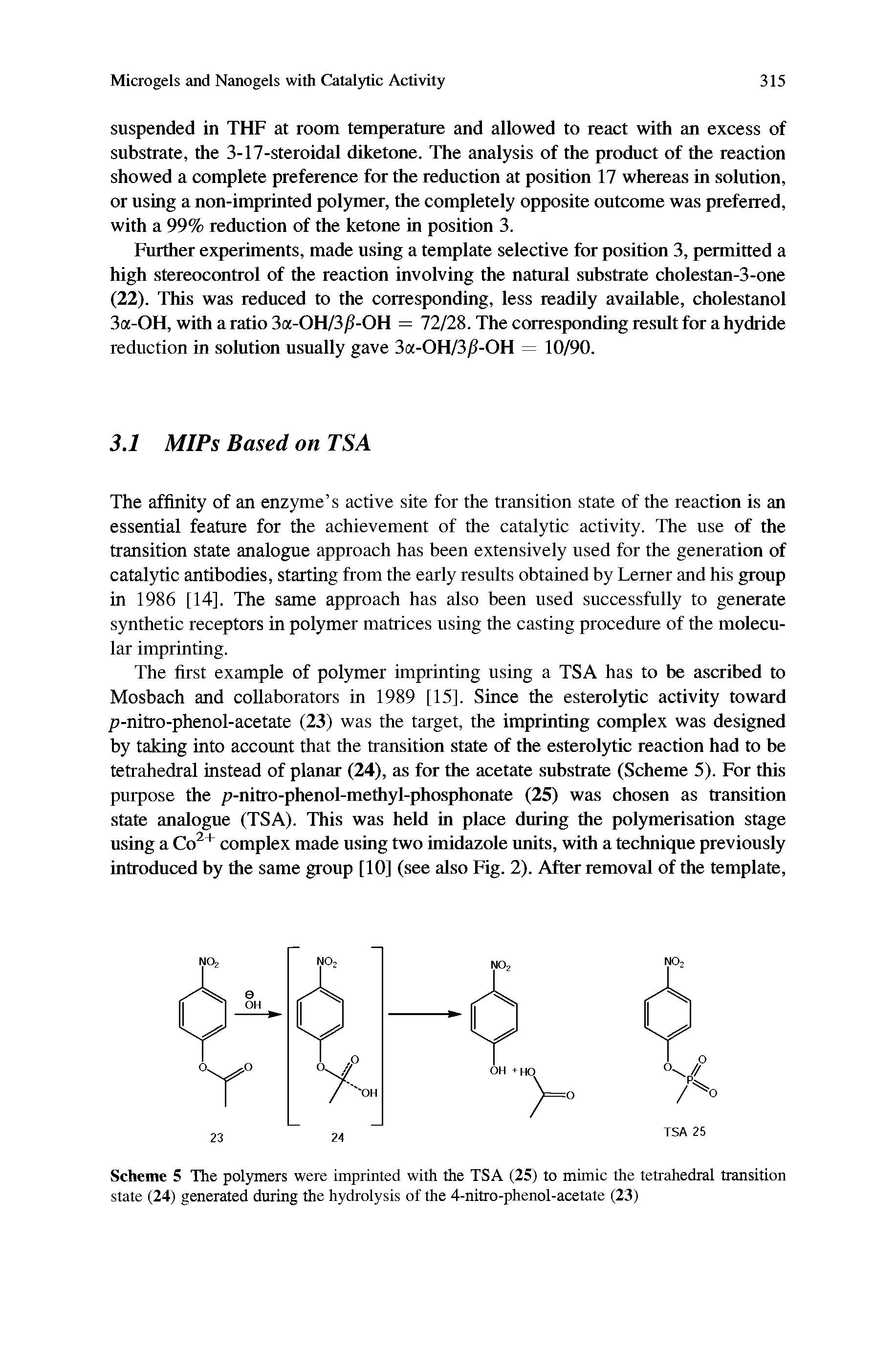 Scheme 5 The polymers were imprinted with the TSA (25) to mimic the tetrahedral transition state (24) generated during the hydrolysis of the 4-nitro-phenol-acetate (23)...