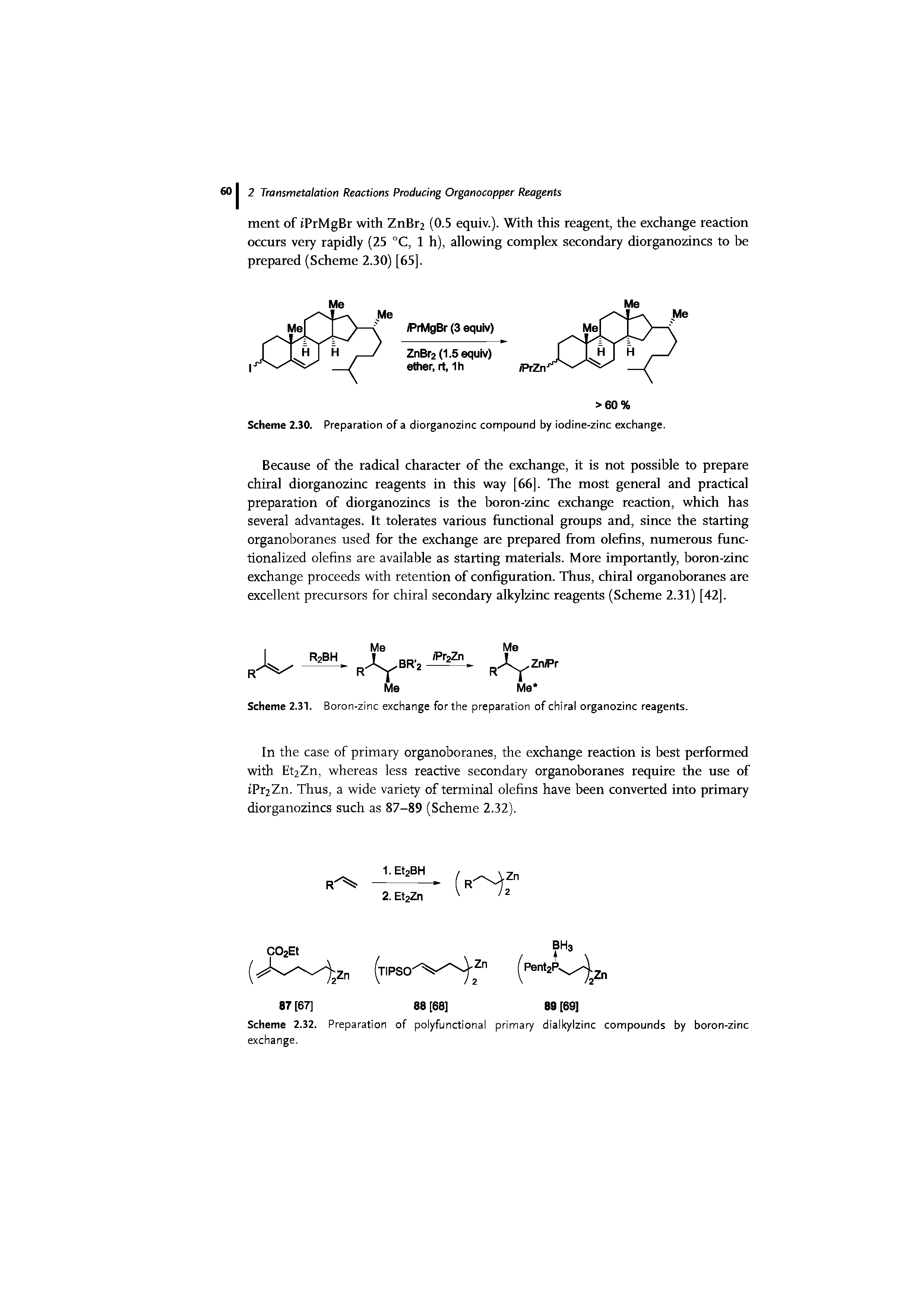 Scheme 2.32. Preparation of polyfunctional primary dialkylzinc compounds by boron-zinc exchange.