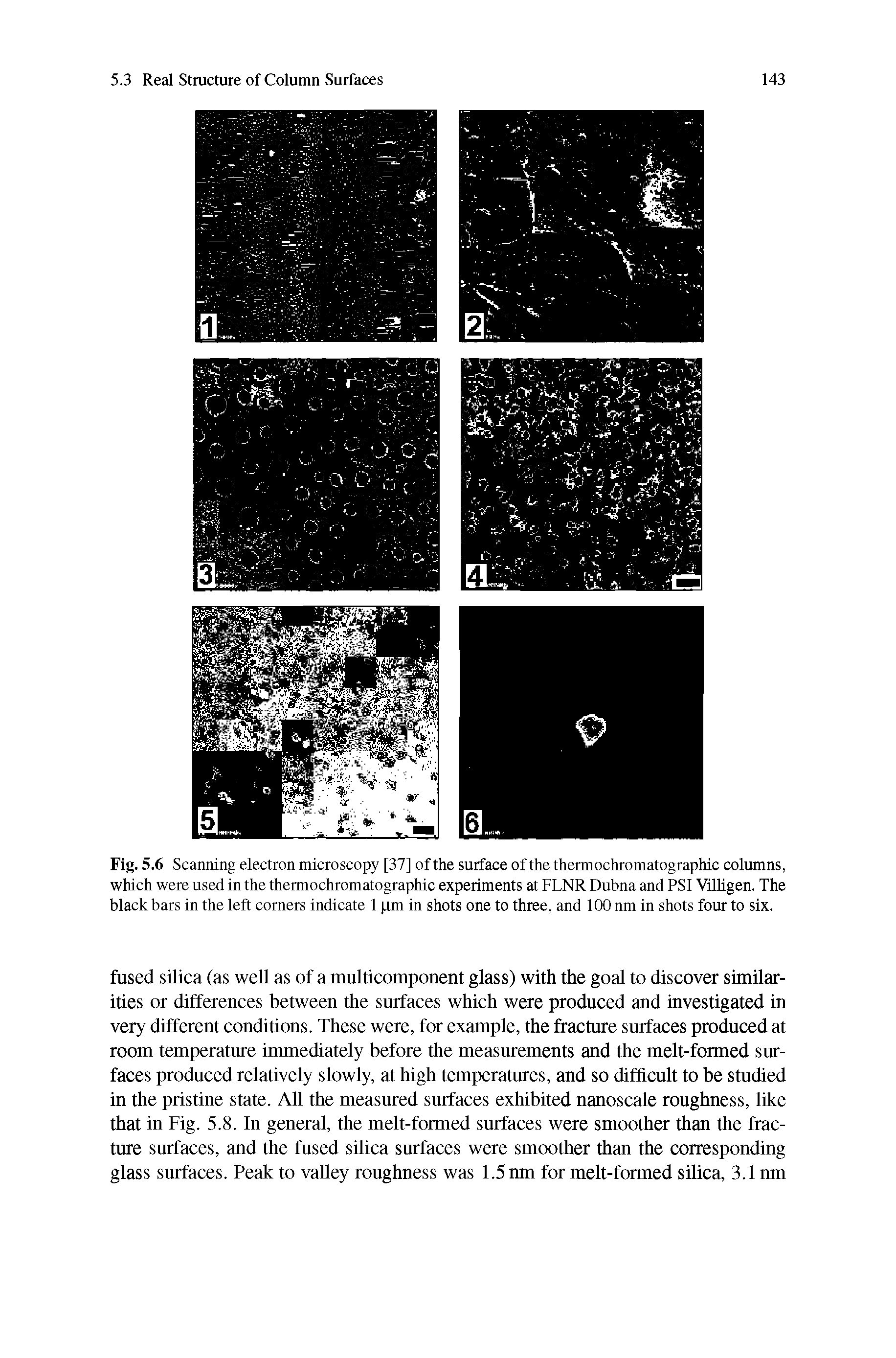 Fig. 5.6 Scanning electron microscopy [37] of the surface of the thermochromatographic columns, which were used in the thermochromatographic experiments at FLNR Dubna and PSI Villigen. The black bars in the left corners indicate 1 pm in shots one to three, and 100 nm in shots four to six.