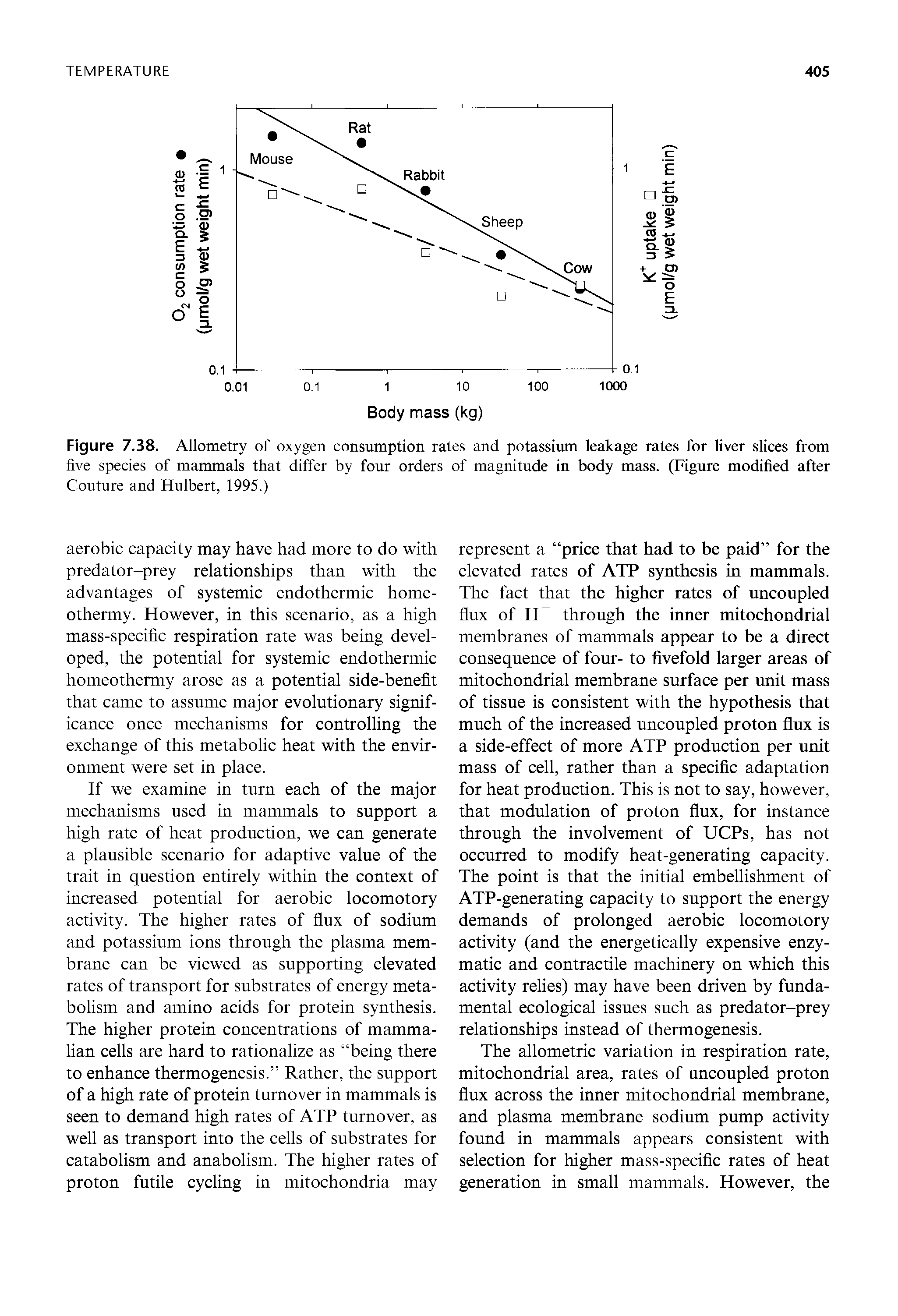 Figure 7.38. Allometry of oxygen consumption rates and potassium leakage rates for liver slices from five species of mammals that differ by four orders of magnitude in body mass. (Figure modified after Couture and Hulbert, 1995.)...