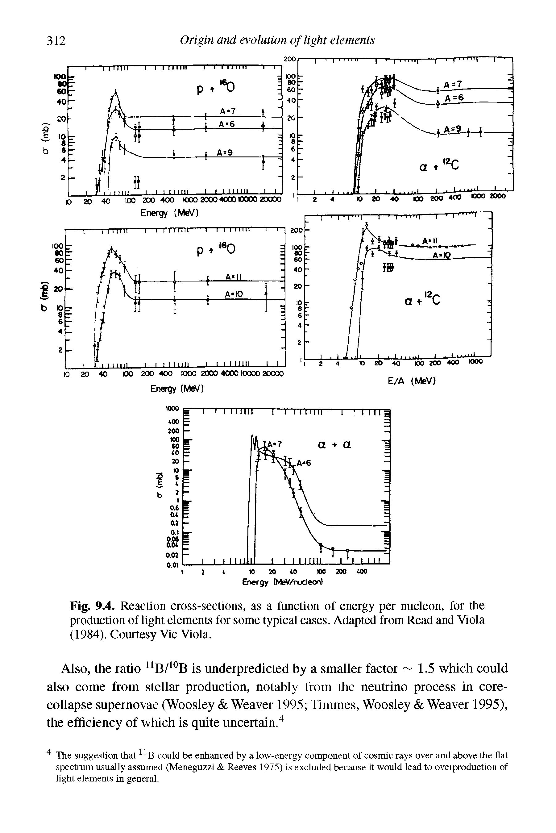 Fig. 9.4. Reaction cross-sections, as a function of energy per nucleon, for the production of light elements for some typical cases. Adapted from Read and Viola (1984). Courtesy Vic Viola.
