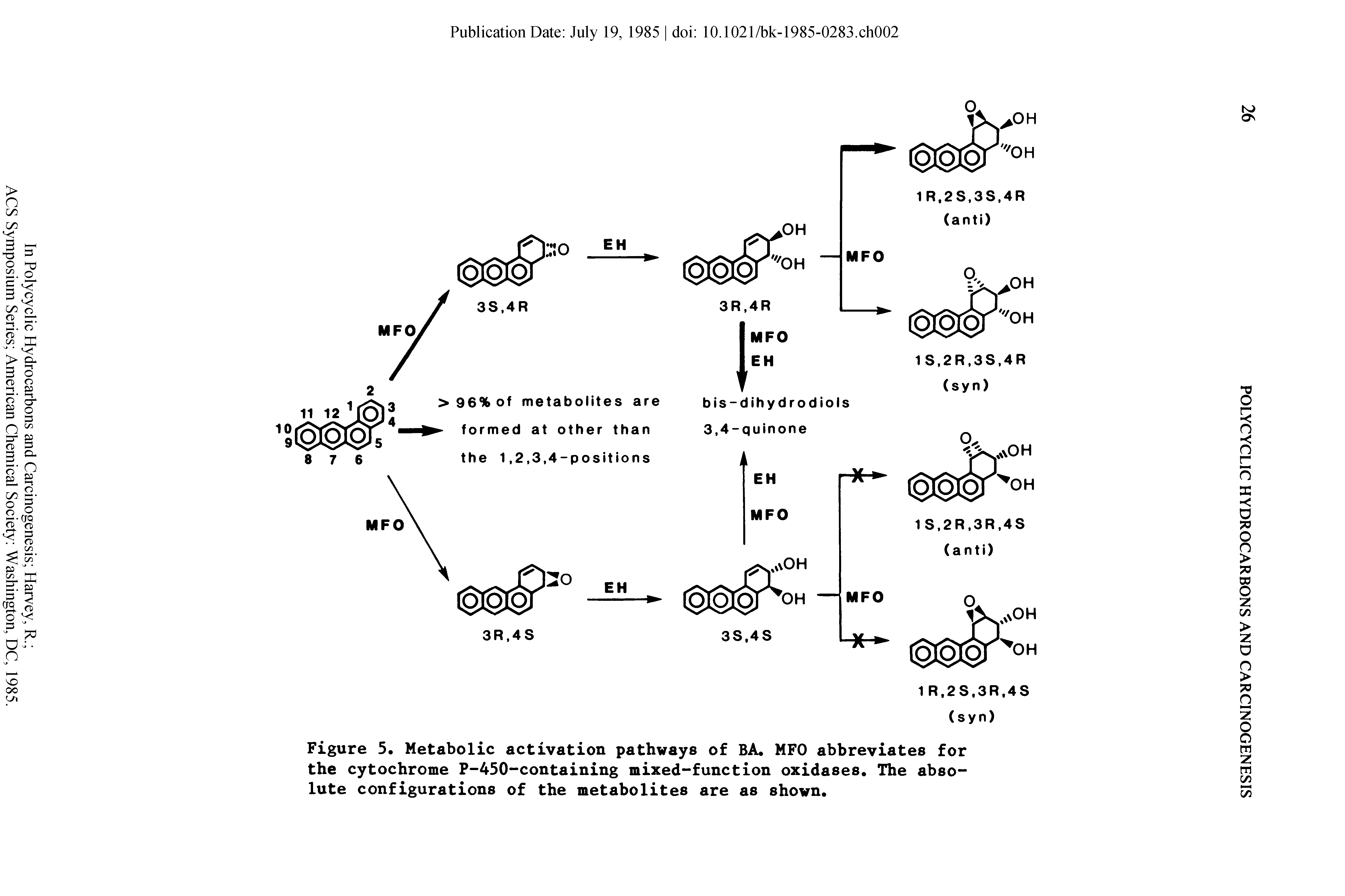 Figure 5. Metabolic activation pathways of BA. MFO abbreviates for the cytochrome P-450-containing mixed-function oxidases. The absolute configurations of the metabolites are as shown.