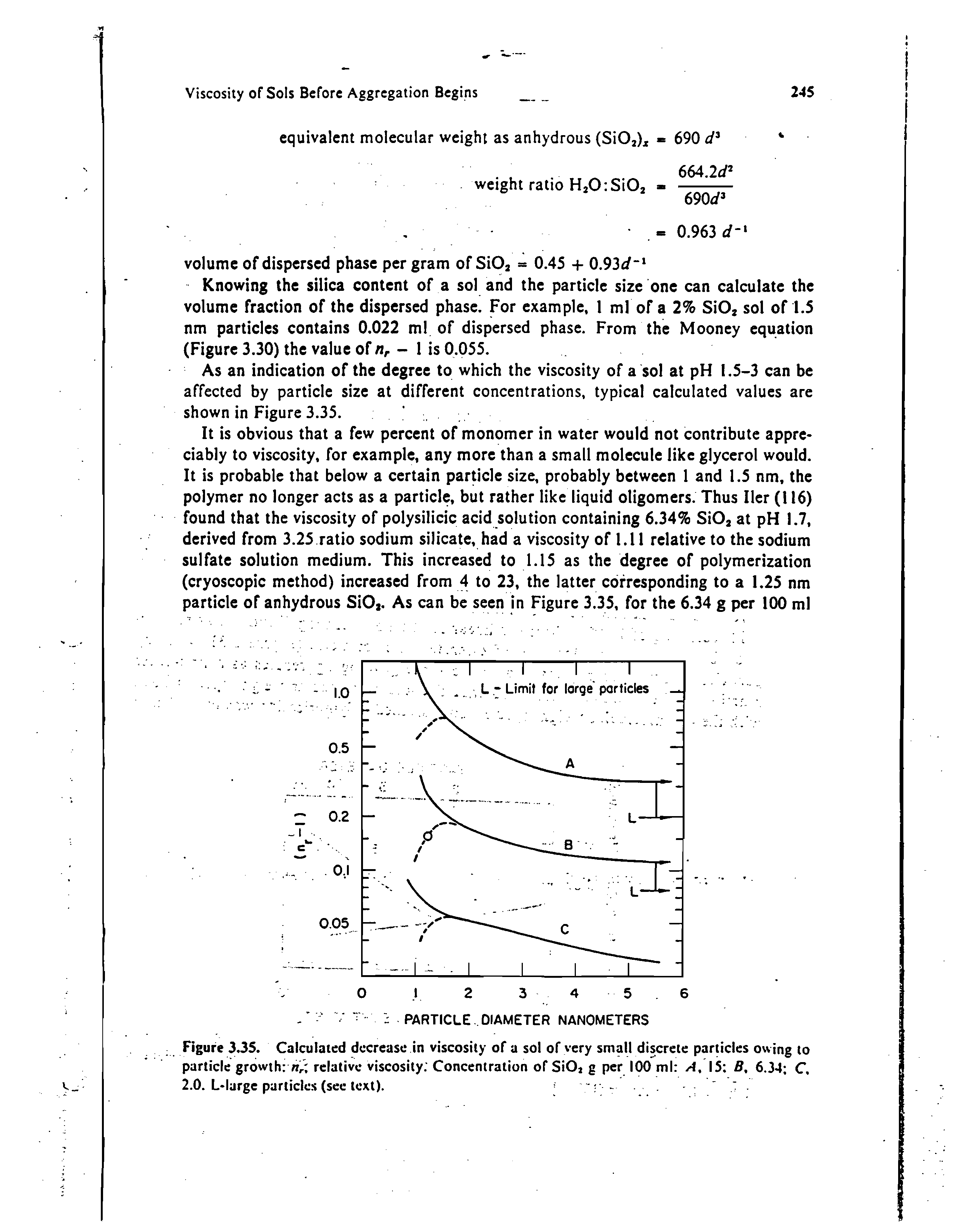 Figure 3.35. Calculated decrease in viscosity of a sol of very small discrete particles owing to particle growth relative viscosity Concentration of SiOi g per 100 ml 15 B, 6.34 C,...