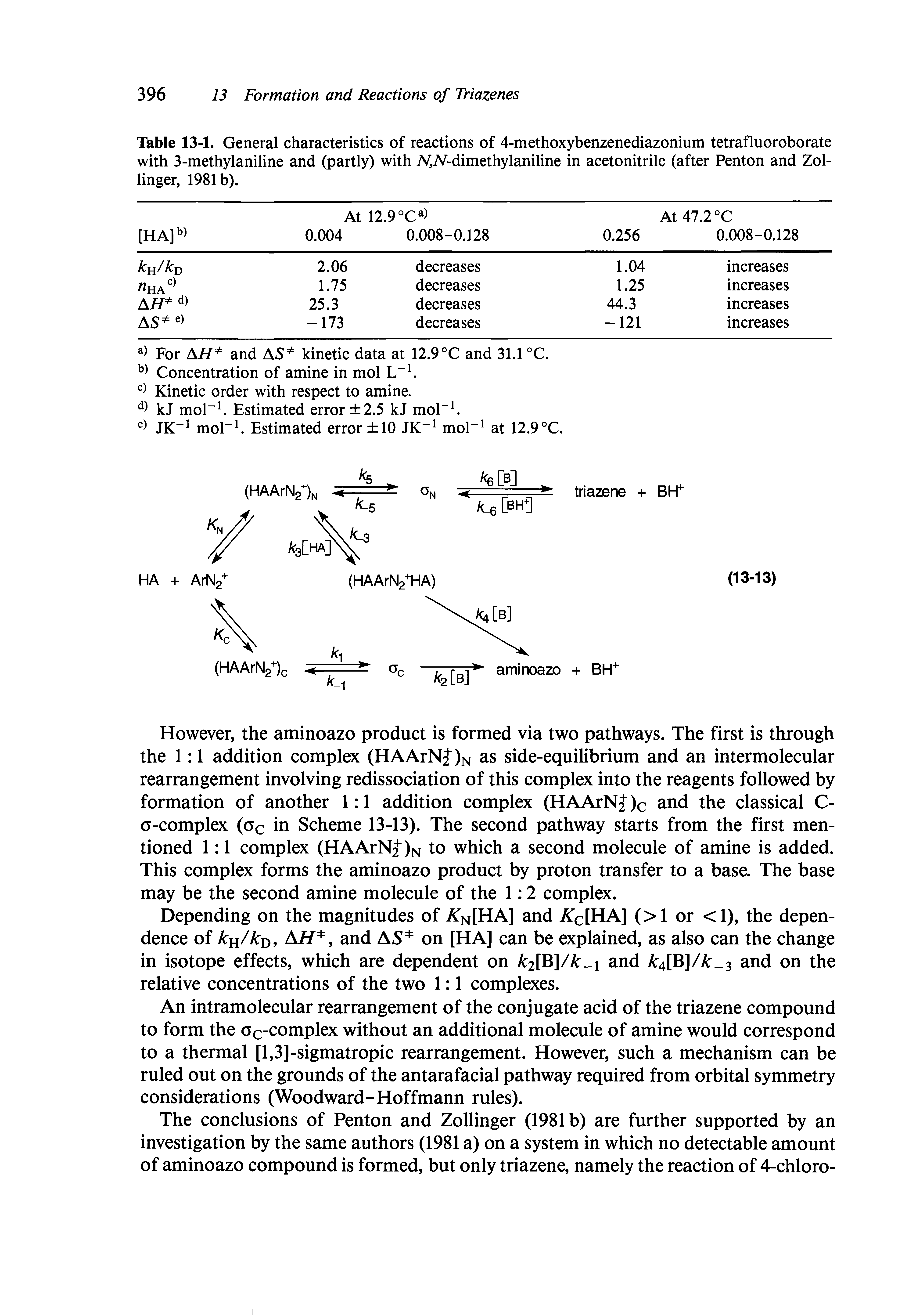 Table 13-1. General characteristics of reactions of 4-methoxybenzenediazonium tetrafluoroborate with 3-methylaniline and (partly) with 7V,7V-dimethylaniline in acetonitrile (after Penton and Zollinger, 1981b).