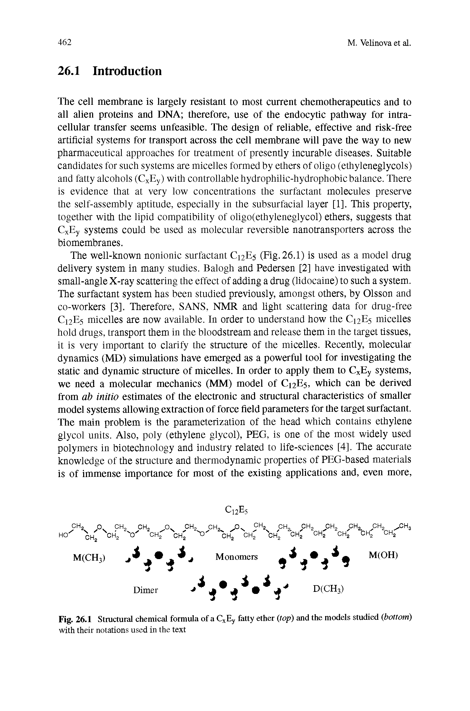 Fig. 26.1 Structural chemical formula of a CxEy fatty ether (top) and the models studied (bottom) with their notations used in the text...