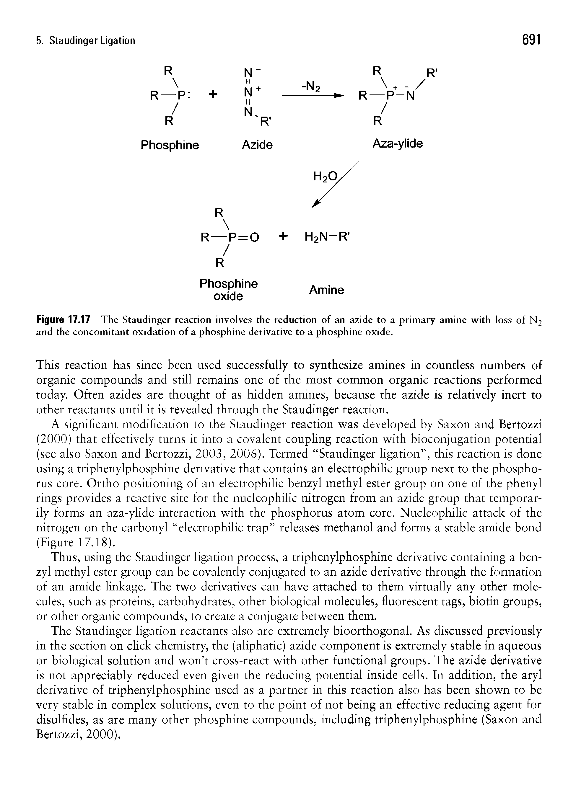Figure 17.17 The Staudinger reaction involves the reduction of an azide to a primary amine with loss of N2 and the concomitant oxidation of a phosphine derivative to a phosphine oxide.