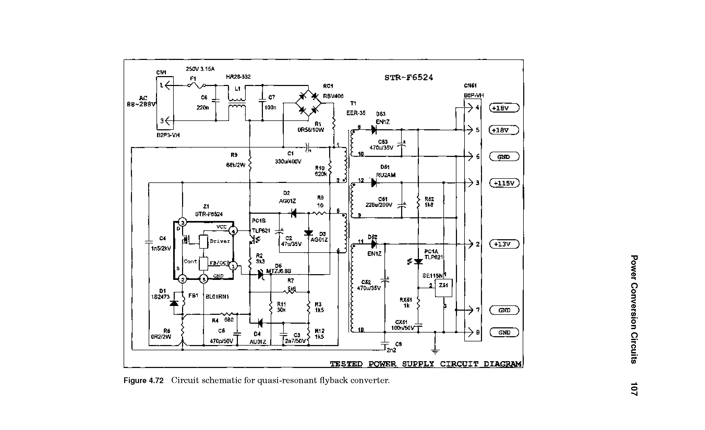 Figure 4.72 Circuit schematic for quasi-resonant flyback converter.