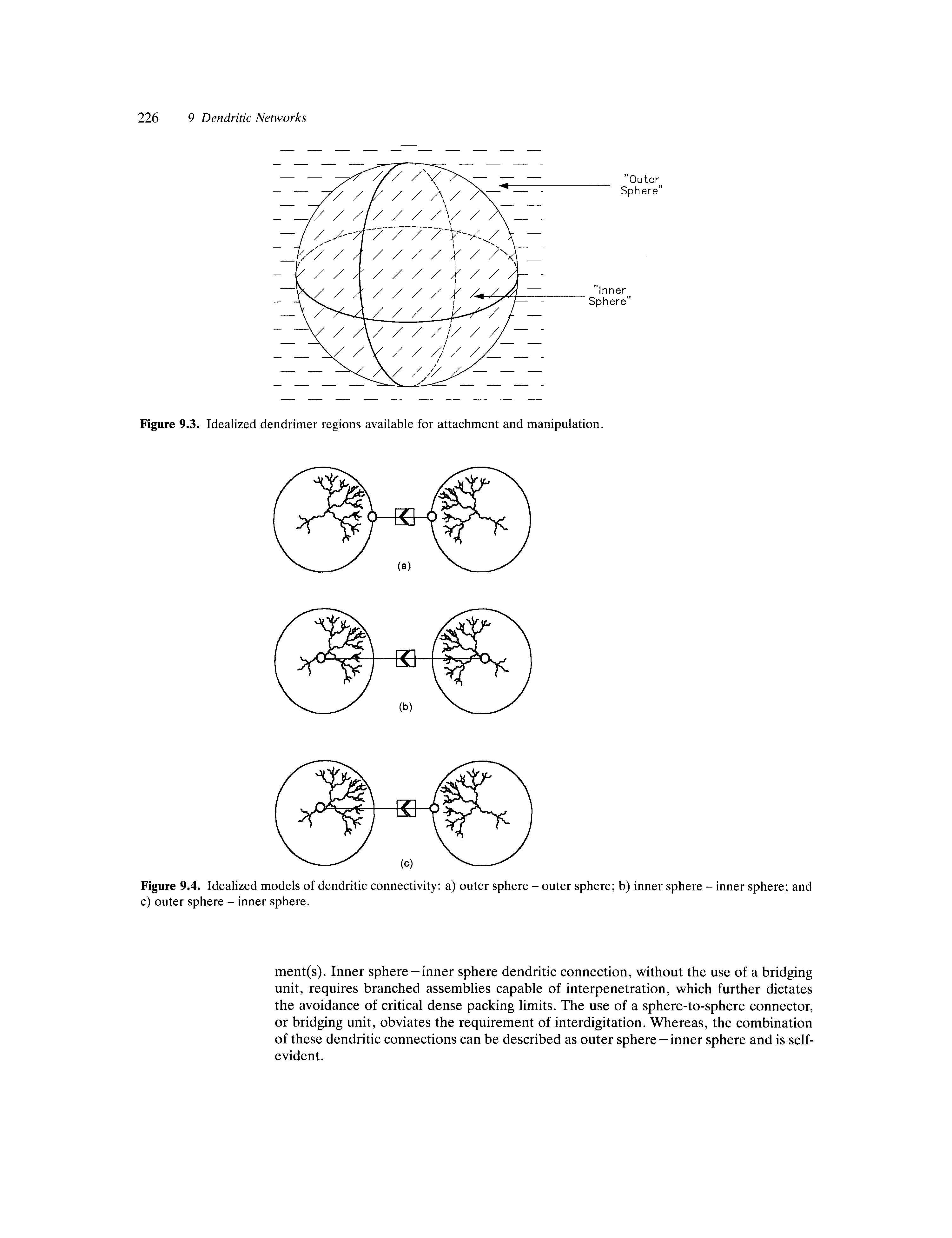 Figure 9.4. Idealized models of dendritic connectivity a) outer sphere - outer sphere b) inner sphere - inner sphere and c) outer sphere - inner sphere.