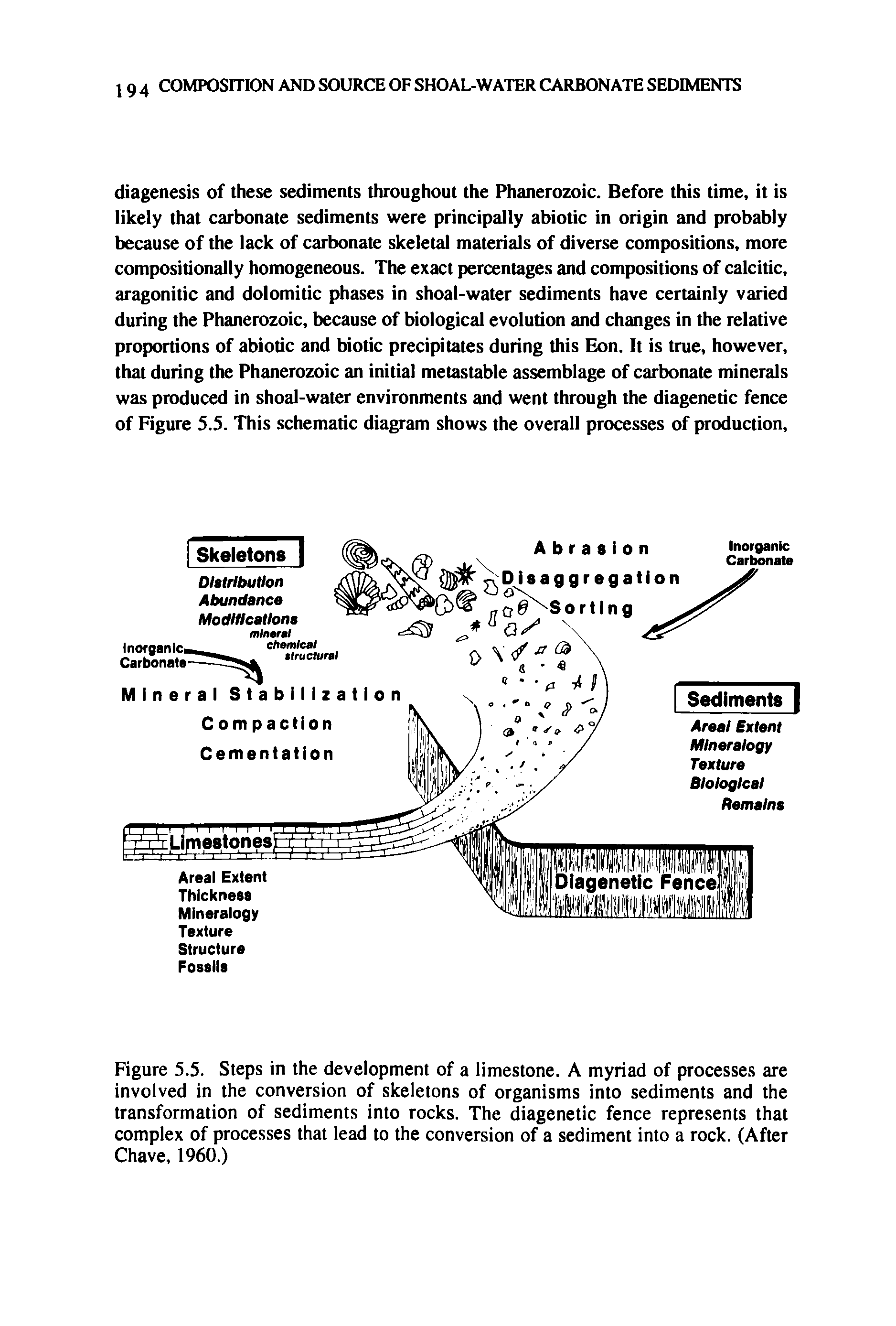 Figure 5.5. Steps in the development of a limestone. A myriad of processes are involved in the conversion of skeletons of organisms into sediments and the transformation of sediments into rocks. The diagenetic fence represents that complex of processes that lead to the conversion of a sediment into a rock. (After Chave, 1960.)...