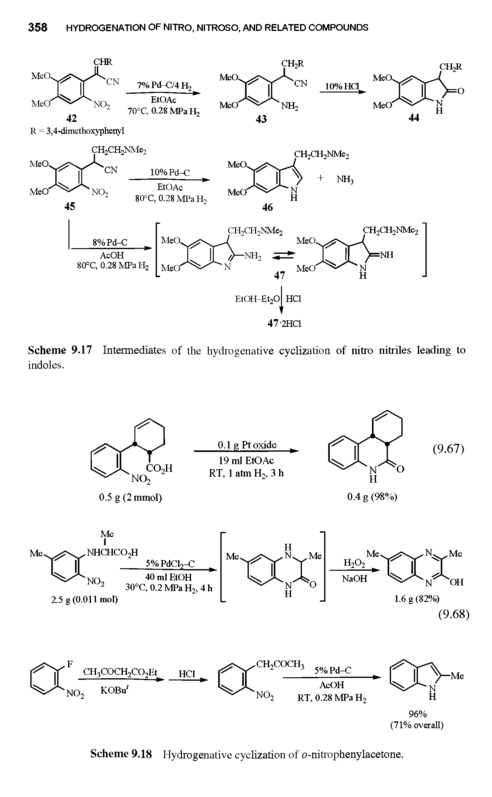 Scheme 9.17 Intennediates of the hydrogenative cyclization of nitro nitriles leading to indoles.