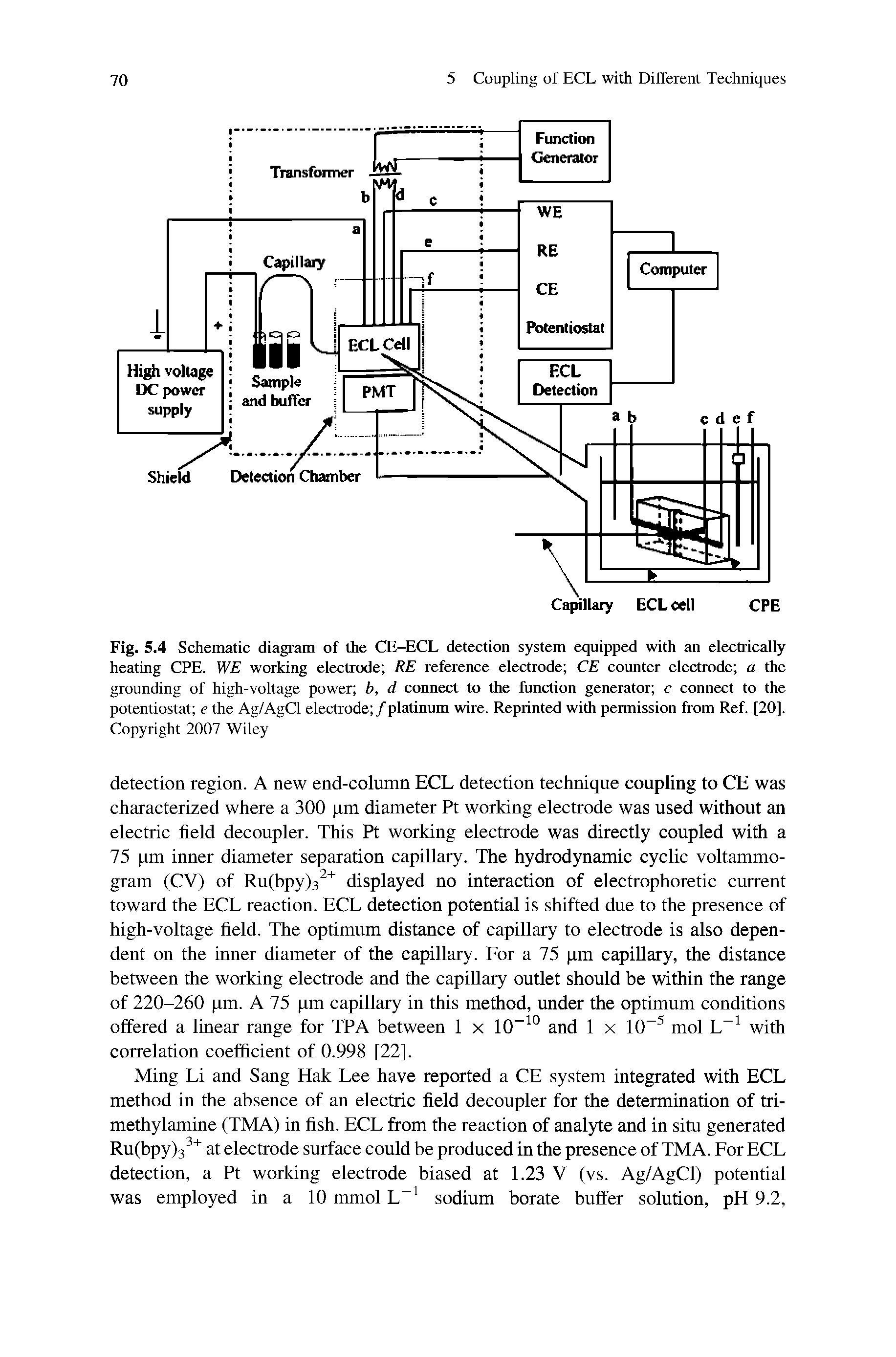 Fig. 5.4 Schematic diagram of the CE-ECL detection system equipped with an electrically heating CPE. WE working electrode RE reference electrode CE counter electrode a the grounding of high-voltage power b, d connect to the function generator c connect to the potentiostat e the Ag/AgCl electrode /platinum wire. Reprinted with permission from Ref. [20].