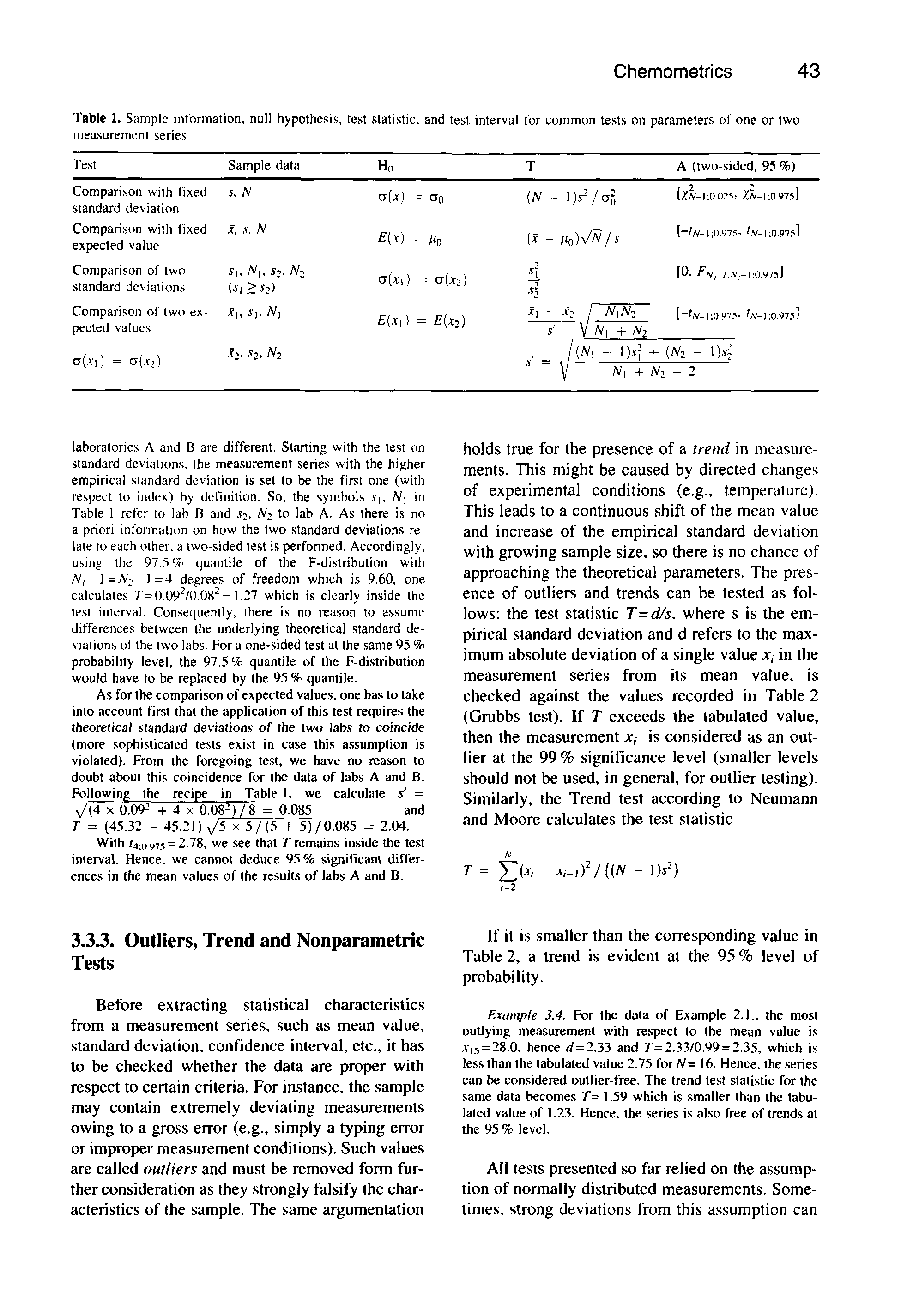 Table 1. Sample information, null hypothesis, test. statistic, and test interval for common tests on parameters of one or two measurement series...