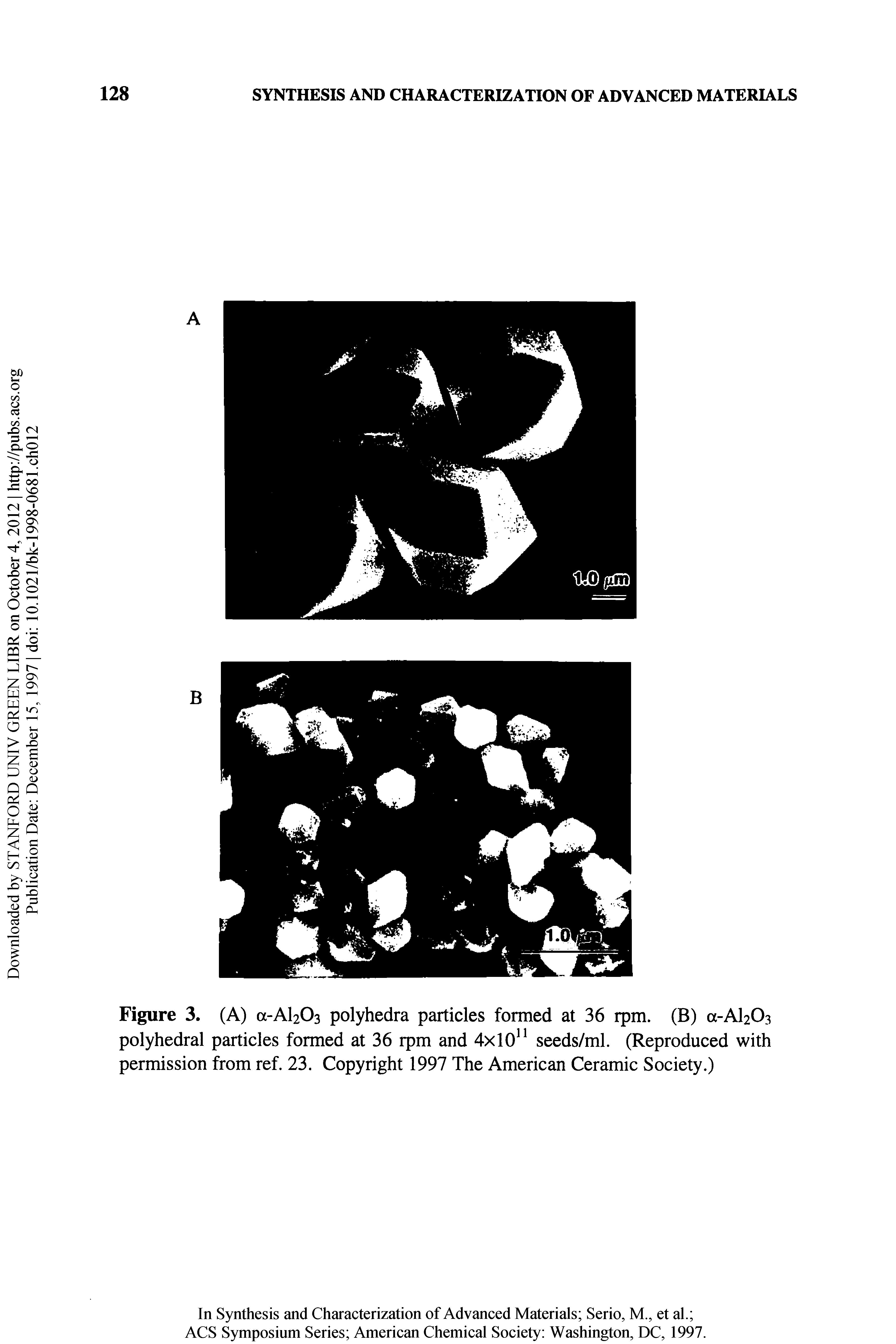 Figure 3. (A) a-A Oa polyhedra particles formed at 36 ipm. (B) a-A Oa polyhedral particles formed at 36 rpm and 4x10 seeds/ml. (Reproduced with permission from ref. 23. Copyright 1997 The American Ceramic Society.)...