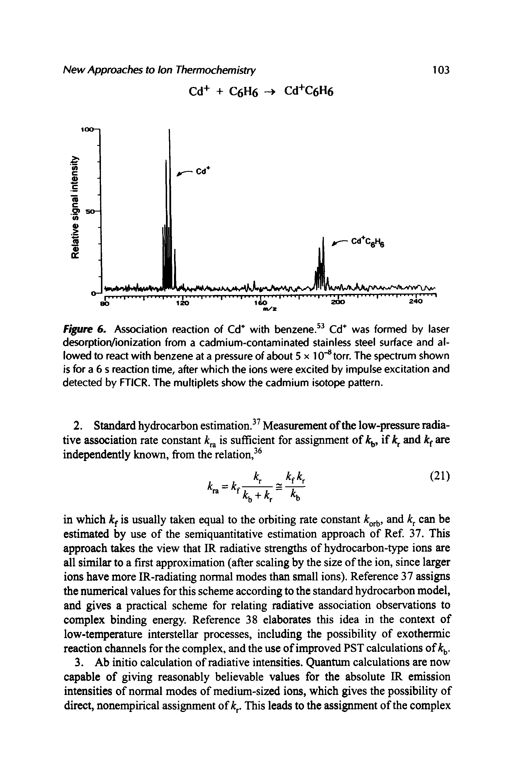 Figure 6. Association reaction of Cd with benzene. Cd was formed by laser desorption/ionization from a cadmium-contaminated stainless steel surface and allowed to react with benzene at a pressure of about 5 x 10" torr. The spectrum shown is for a 6 s reaction time, after which the ions were excited by impulse excitation and detected by FTICR. The multiplets show the cadmium isotope pattern.