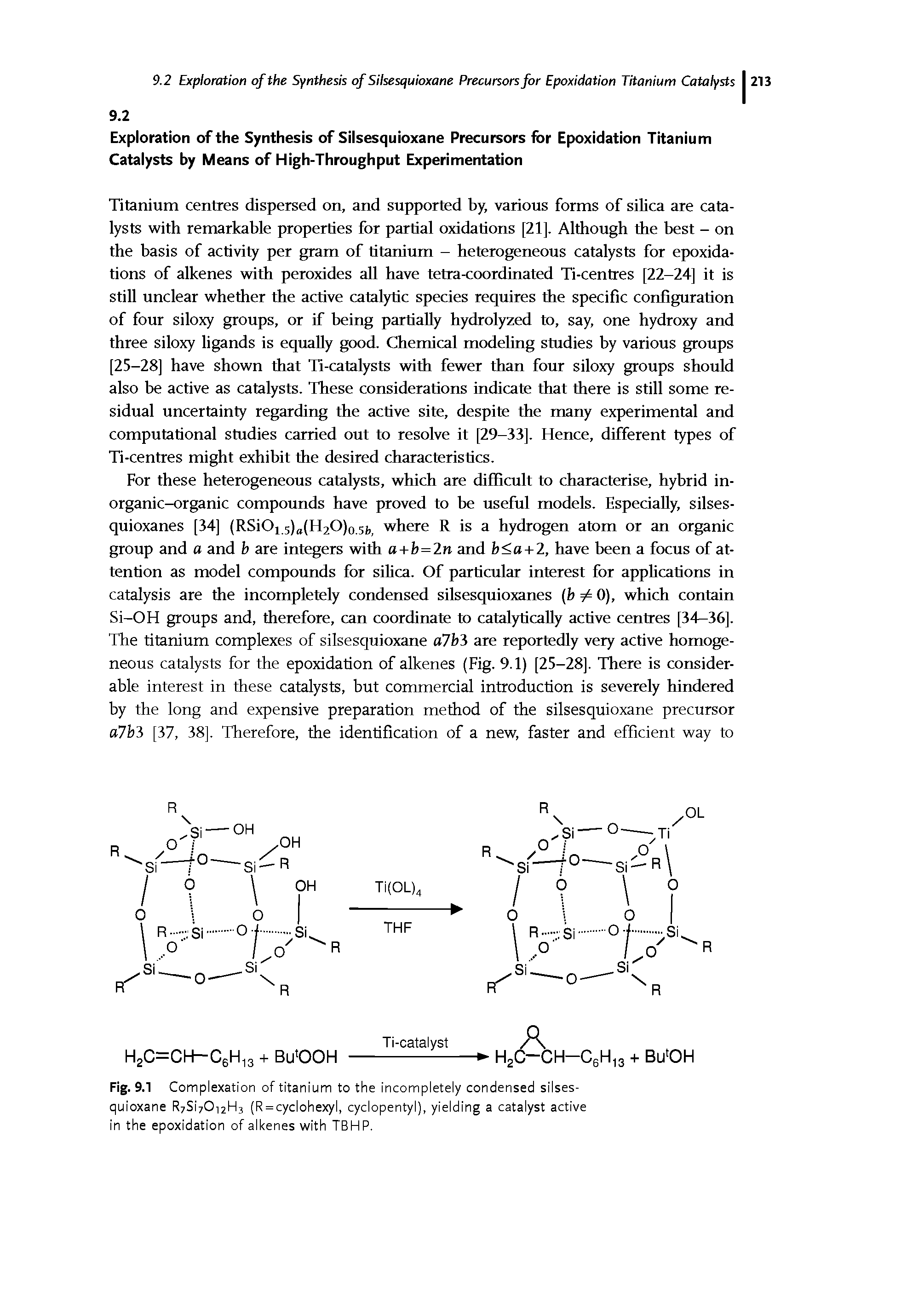 Fig. 9.1 Complexation of titanium to the incompletely condensed silsesquioxane R7Si7012H3 (R = cyclohexyl, cyclopentyl), yielding a catalyst active in the epoxidation of alkenes with TBHP.