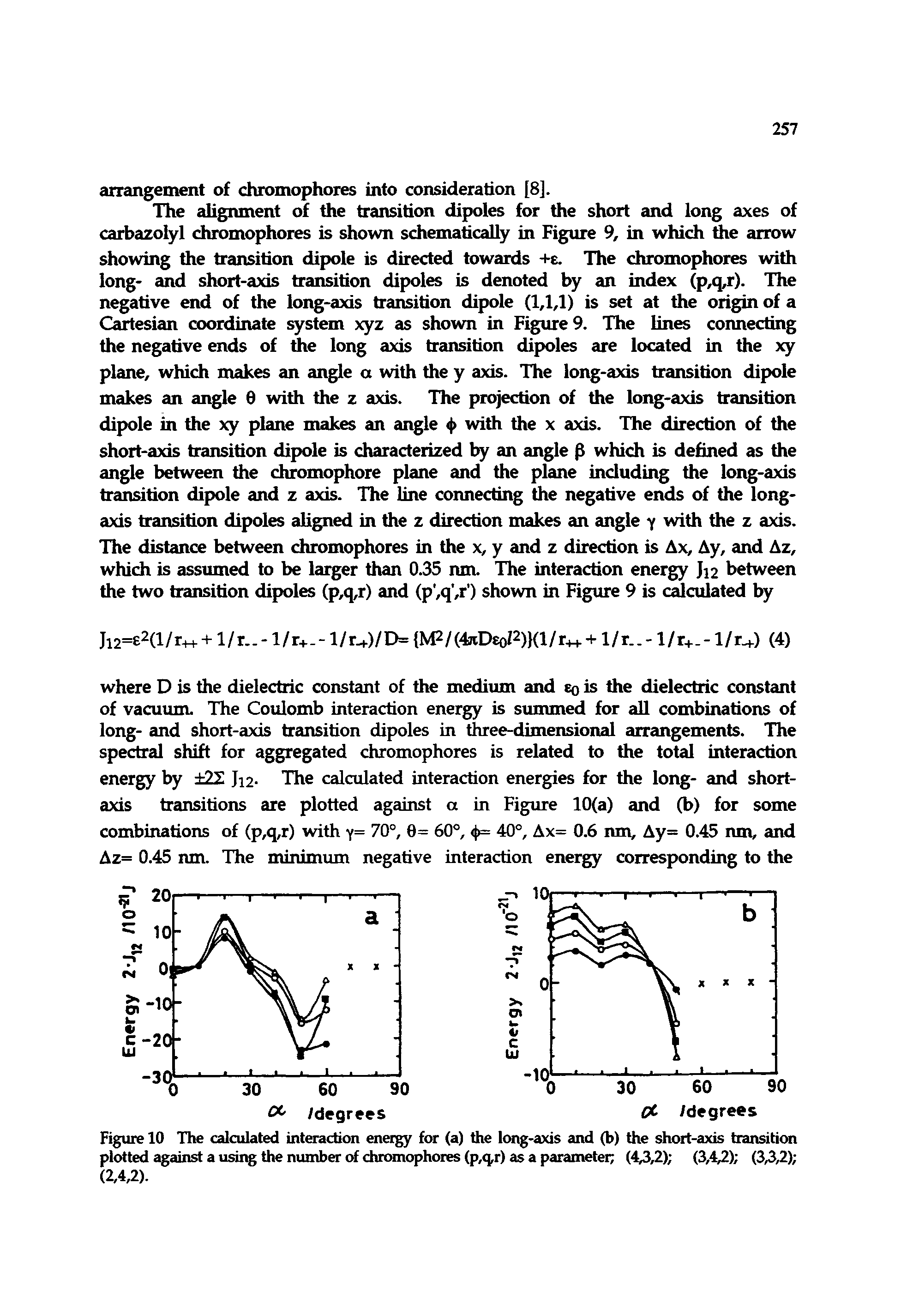Figure 10 The calculated interaction energy for (a) the long-axis and (b) the short-axis transition plotted against a using the number of chromophores (p,q,r) as a parameter (444) (3,4,2) (344) ...