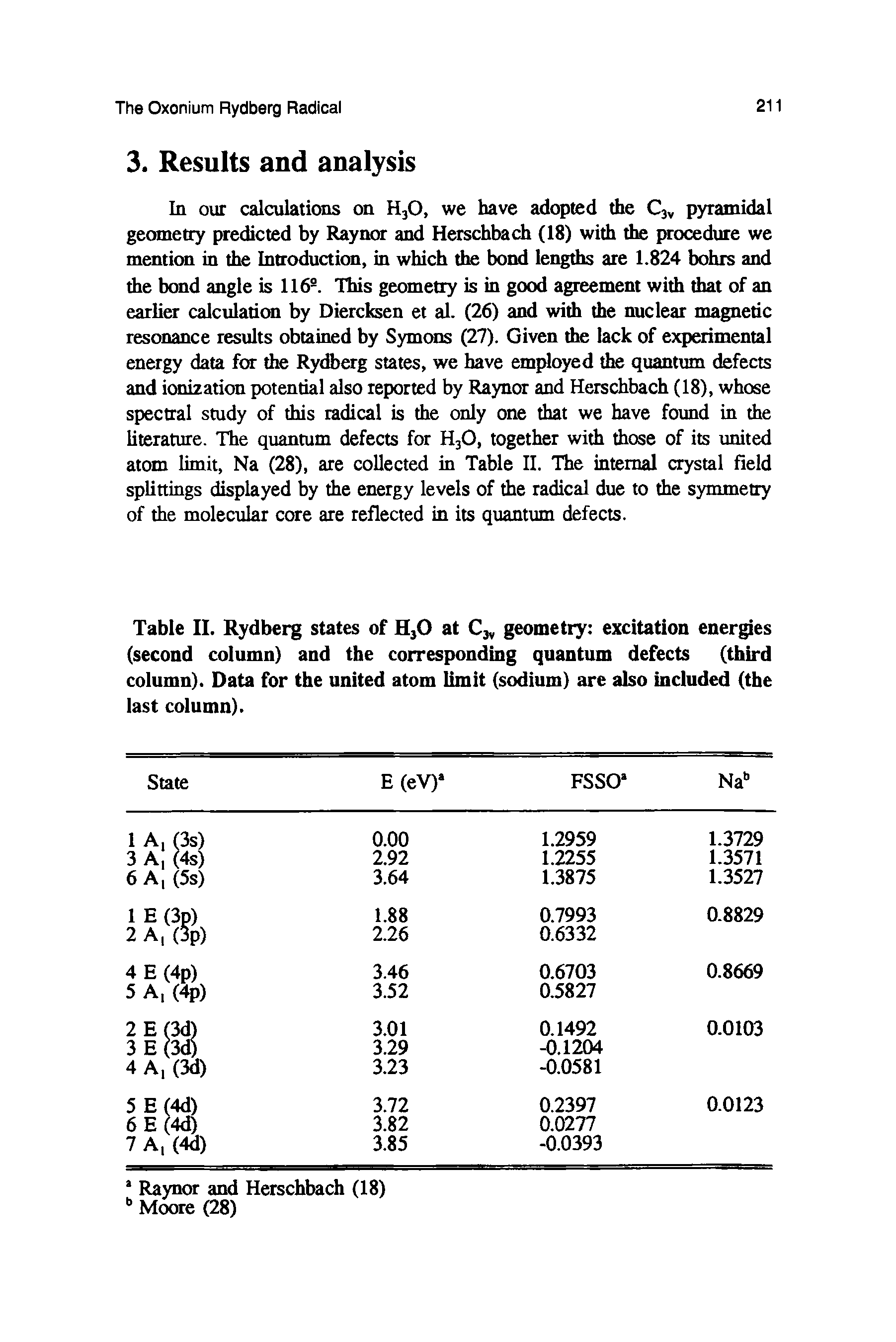 Table II. Rydberg states of H30 at C3y geometry excitation energies (second column) and the corresponding quantum defects (third column). Data for the united atom limit (sodium) are also included (the last column).