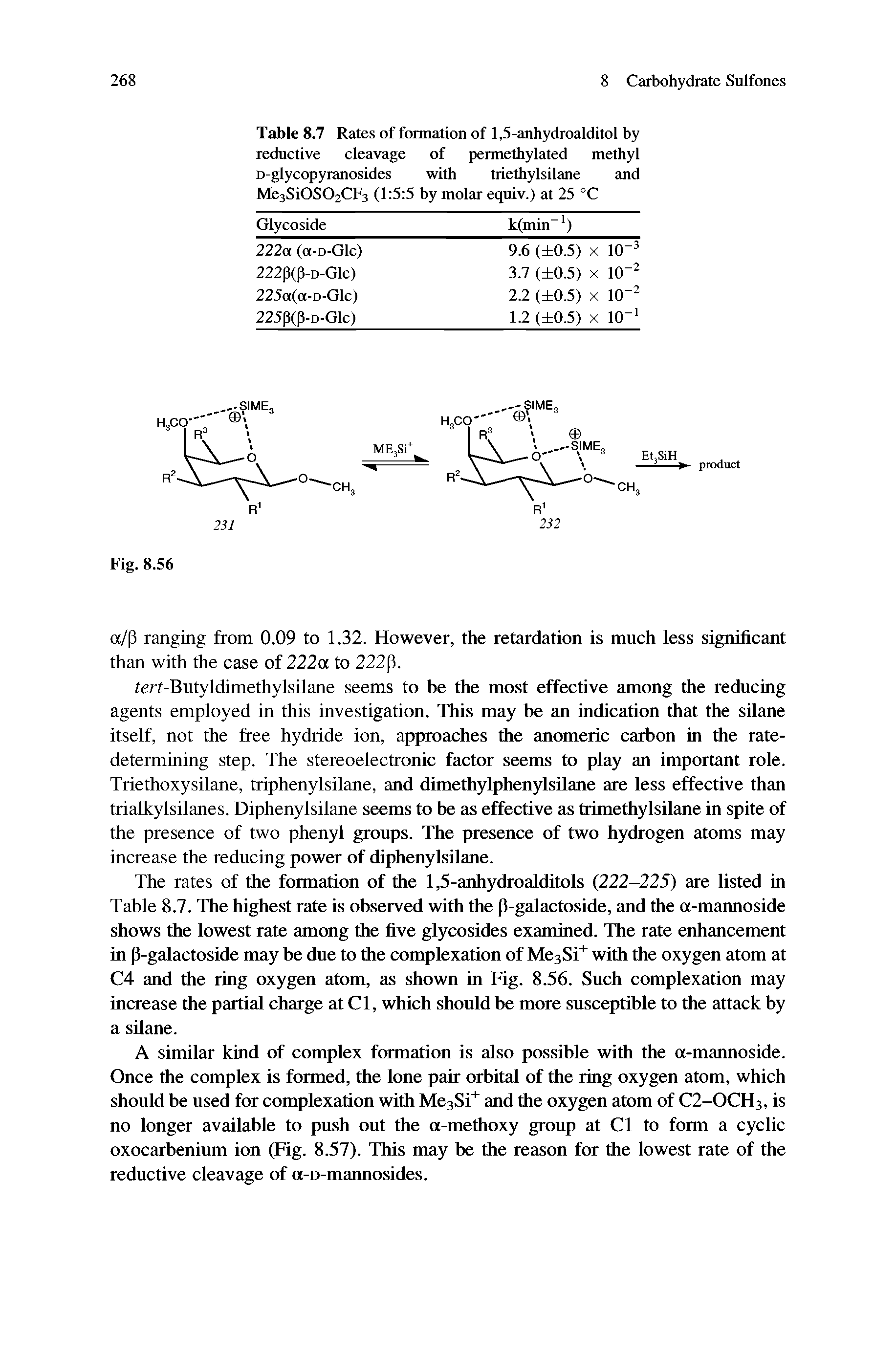 Table 8.7 Rates of formation of 1,5-anhydroalditol by reductive cleavage of permethylated methyl D-glycopyranosides with triethylsilane and Me3Si0S02CF3 (1 5 5 by molar equiv.) at 25 °C...