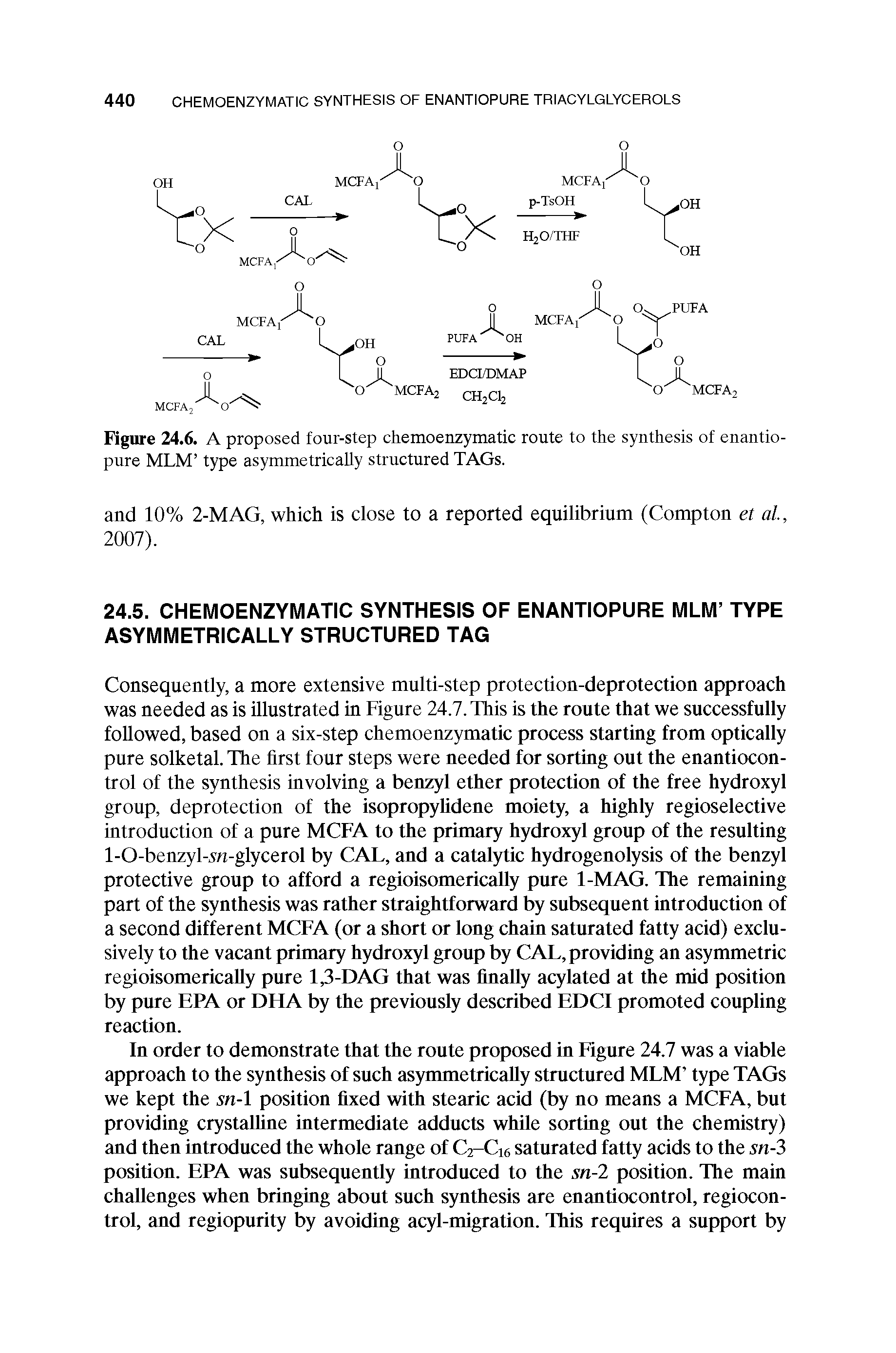 Figure 24.6. A proposed four-step chemoenzymatic route to the synthesis of enantio-pure MLM type asymmetrically structured TAGs.