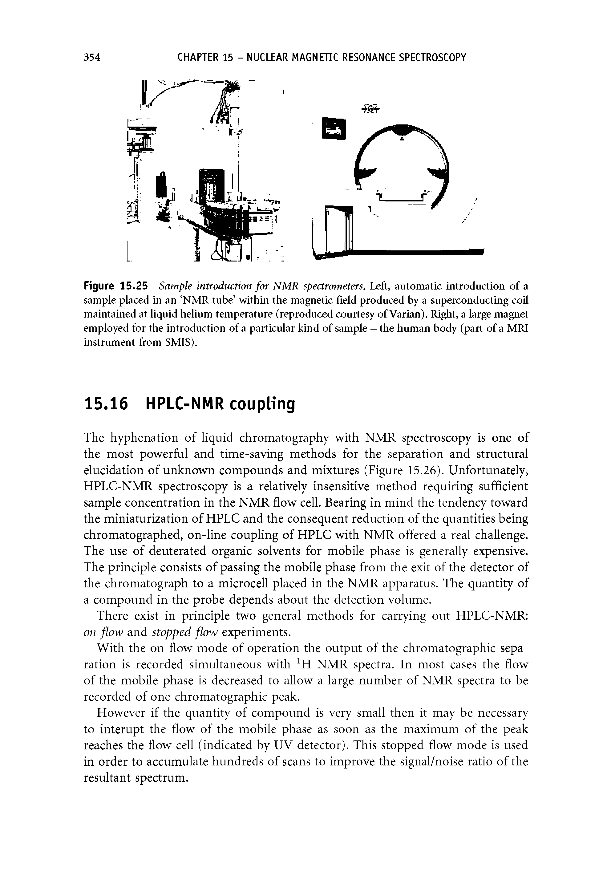 Figure 15.25 Sample introduction for NMR spectrometers. Left, automatic introduction of a sample placed in an NMR tube within the magnetic field produced by a superconducting coil maintained at liquid helium temperature (reproduced courtesy of Varian). Right, a large magnet employed for the introduction of a particular kind of sample - the human body (part of a MRI instrument from SMIS).