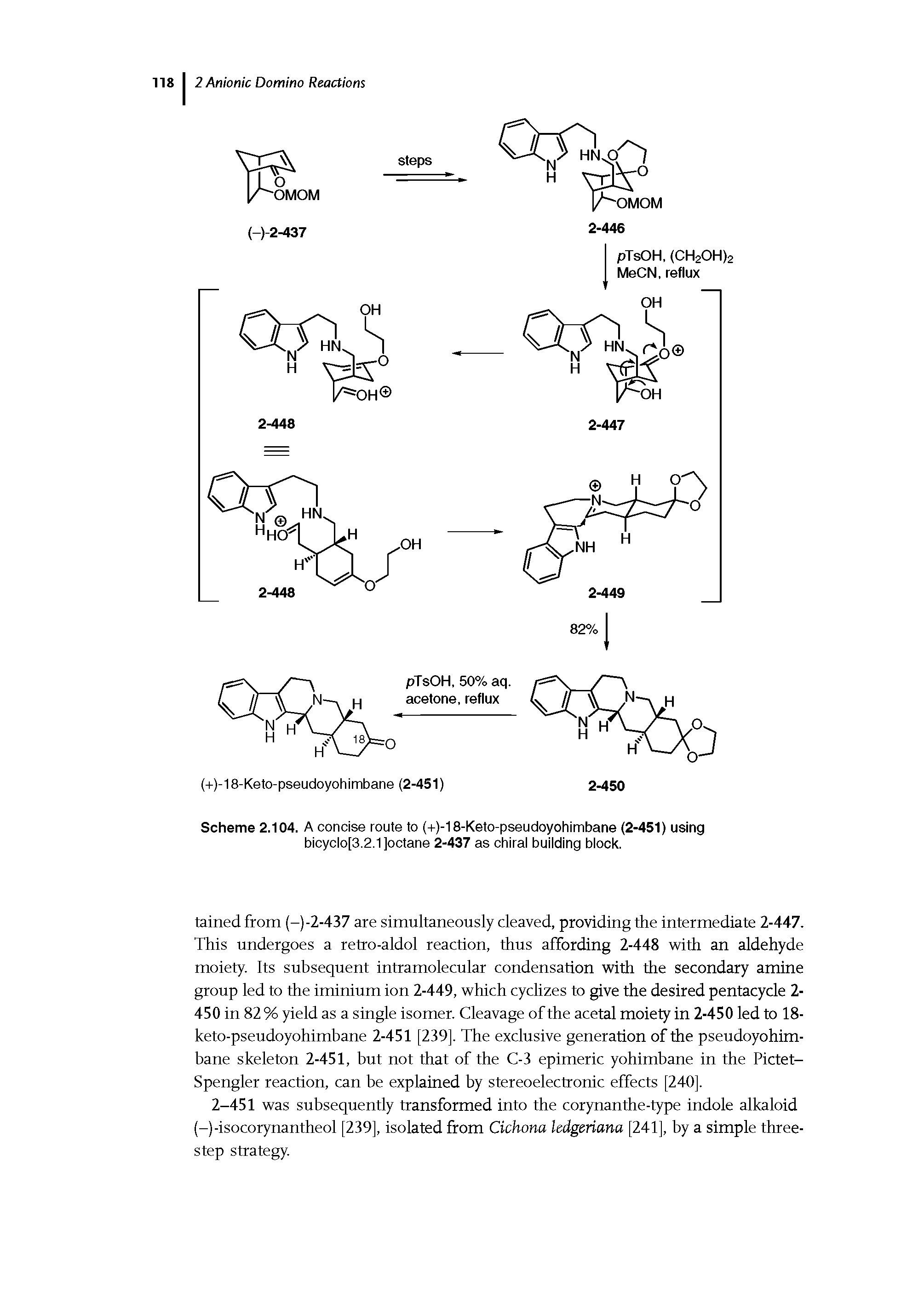 Scheme 2.104. A concise route to (+)-18-Keto-pseudoyohimbane (2-451) using bicyclo[3.2.1]octane 2-437 as chiral building block.