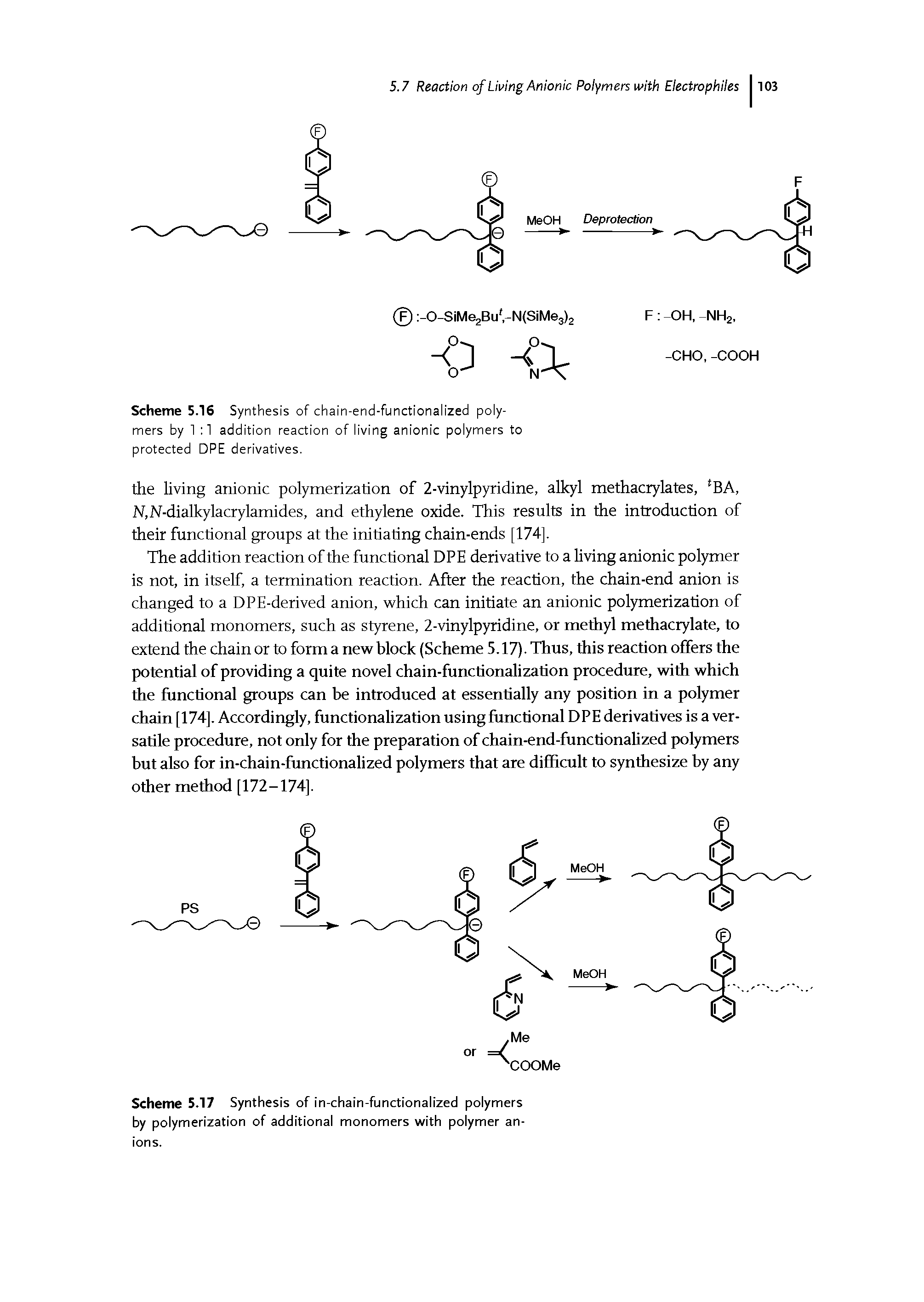 Scheme 5.16 Synthesis of chain-end-functionalized polymers by 1 1 addition reaction of living anionic polymers to protected DPE derivatives.