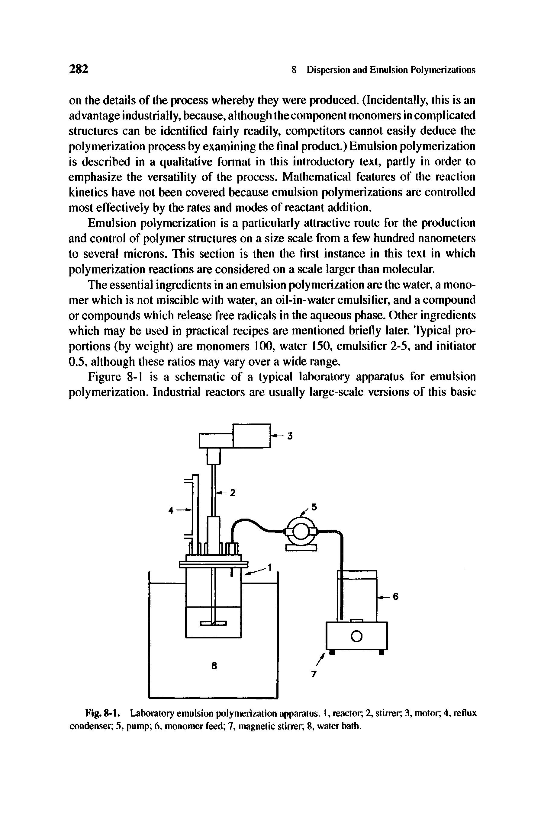 Fig. 8-1. Laboratory emulsion polymerization apparatus. I, reactor 2, stirrer 3, motor 4, reflux condenser 5, pump 6, monomer feed 7, magnetic stirrer 8, water bath.