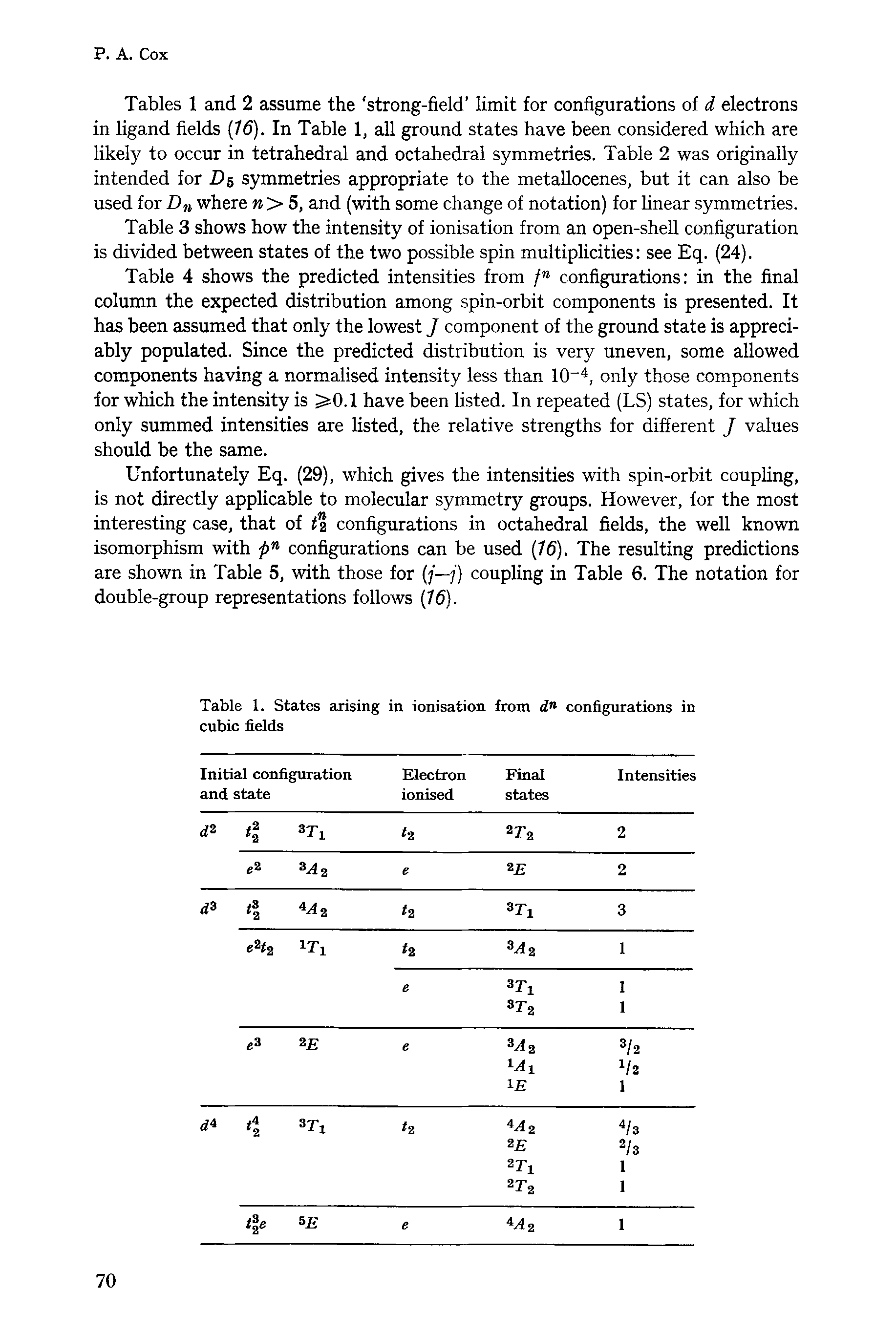 Tables 1 and 2 assume the strong-field limit for configurations of d electrons in ligand fields (16). In Table 1, all ground states have been considered which are likely to occur in tetrahedral and octahedral symmetries. Table 2 was originally intended for D 5 symmetries appropriate to the metallocenes, but it can also be used for Dn where n > 5, and (with some change of notation) for linear symmetries.