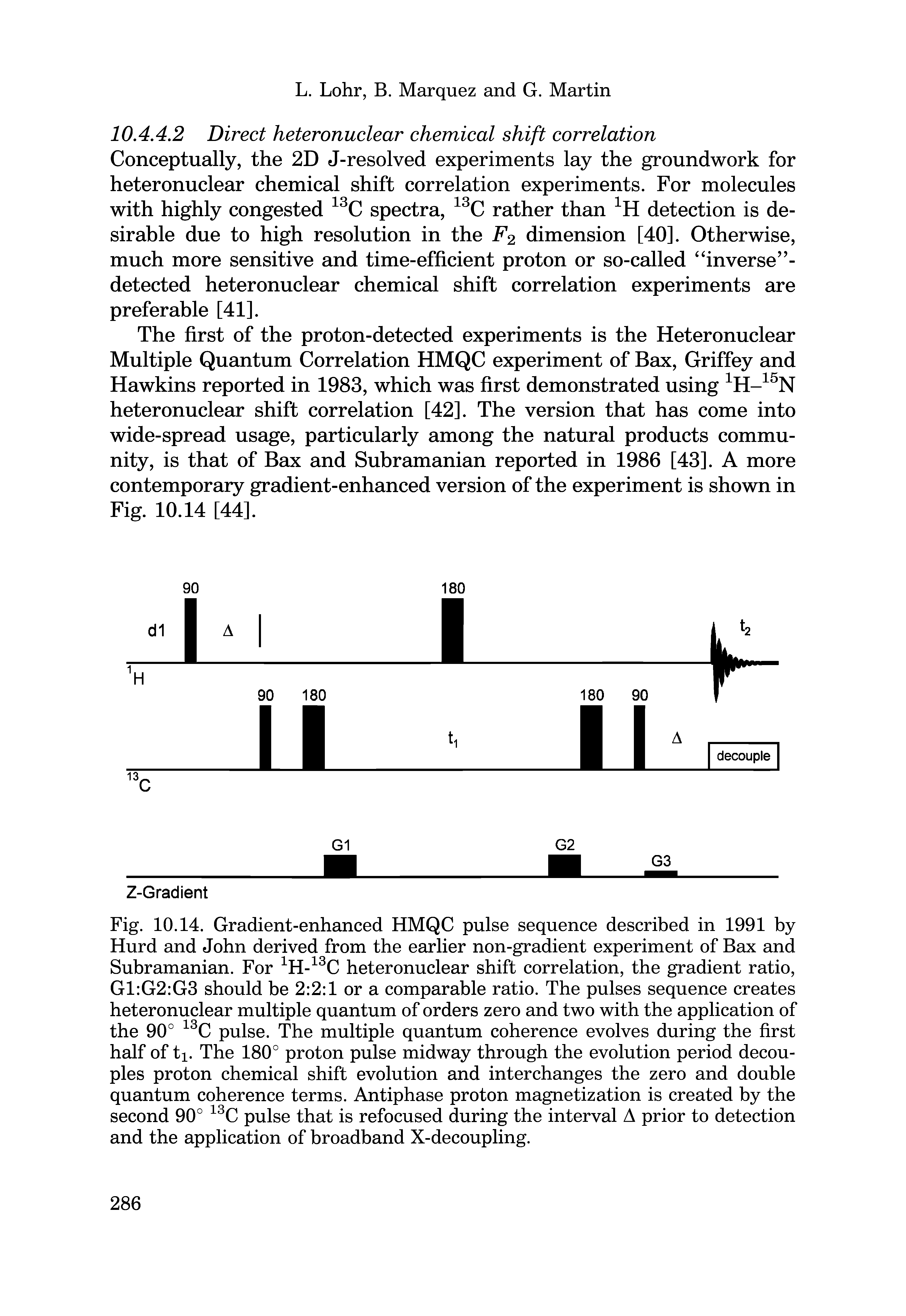 Fig. 10.14. Gradient-enhanced HMQC pulse sequence described in 1991 by Hurd and John derived from the earlier non-gradient experiment of Bax and Subramanian. For 1H-13C heteronuclear shift correlation, the gradient ratio, G1 G2 G3 should be 2 2 1 or a comparable ratio. The pulses sequence creates heteronuclear multiple quantum of orders zero and two with the application of the 90° 13C pulse. The multiple quantum coherence evolves during the first half of ti. The 180° proton pulse midway through the evolution period decouples proton chemical shift evolution and interchanges the zero and double quantum coherence terms. Antiphase proton magnetization is created by the second 90° 13C pulse that is refocused during the interval A prior to detection and the application of broadband X-decoupling.