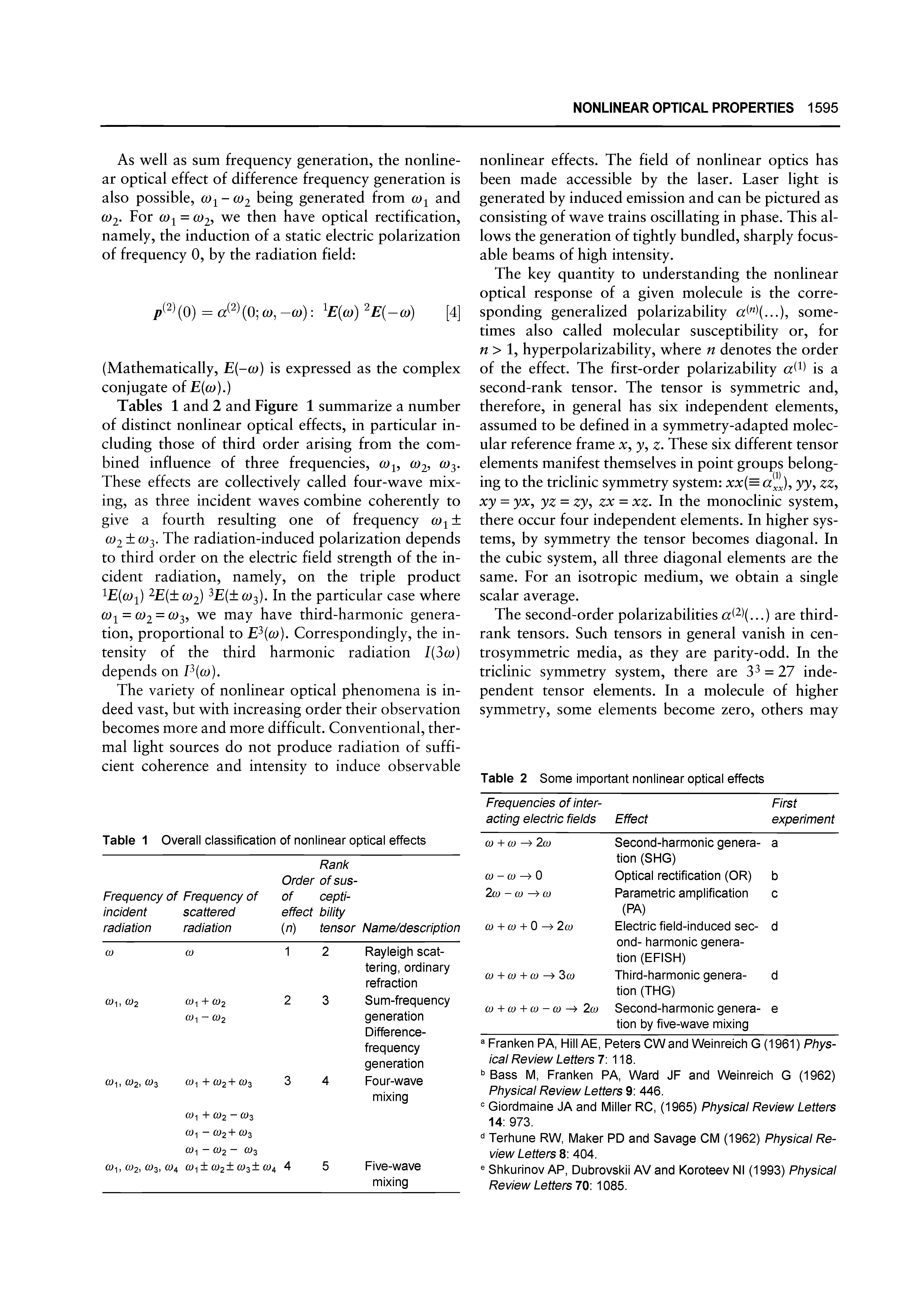 Tables 1 and 2 and Figure 1 summarize a number of distinct nonlinear optical effects, in particular including those of third order arising from the combined influence of three frequencies, CO2, (Oy These effects are collectively called four-wave mixing, as three incident waves combine coherently to give a fourth resulting one of frequency o)i 0)2 o)y The radiation-induced polarization depends to third order on the electric field strength of the incident radiation, namely, on the triple product E(o)i) 2 ( (O2) E( ( 3). In the particular case where co = a)2 = o)y we may have third-harmonic generation, proportional to E (o)). Correspondingly, the intensity of the third harmonic radiation I(3oo) depends on P((jo),...