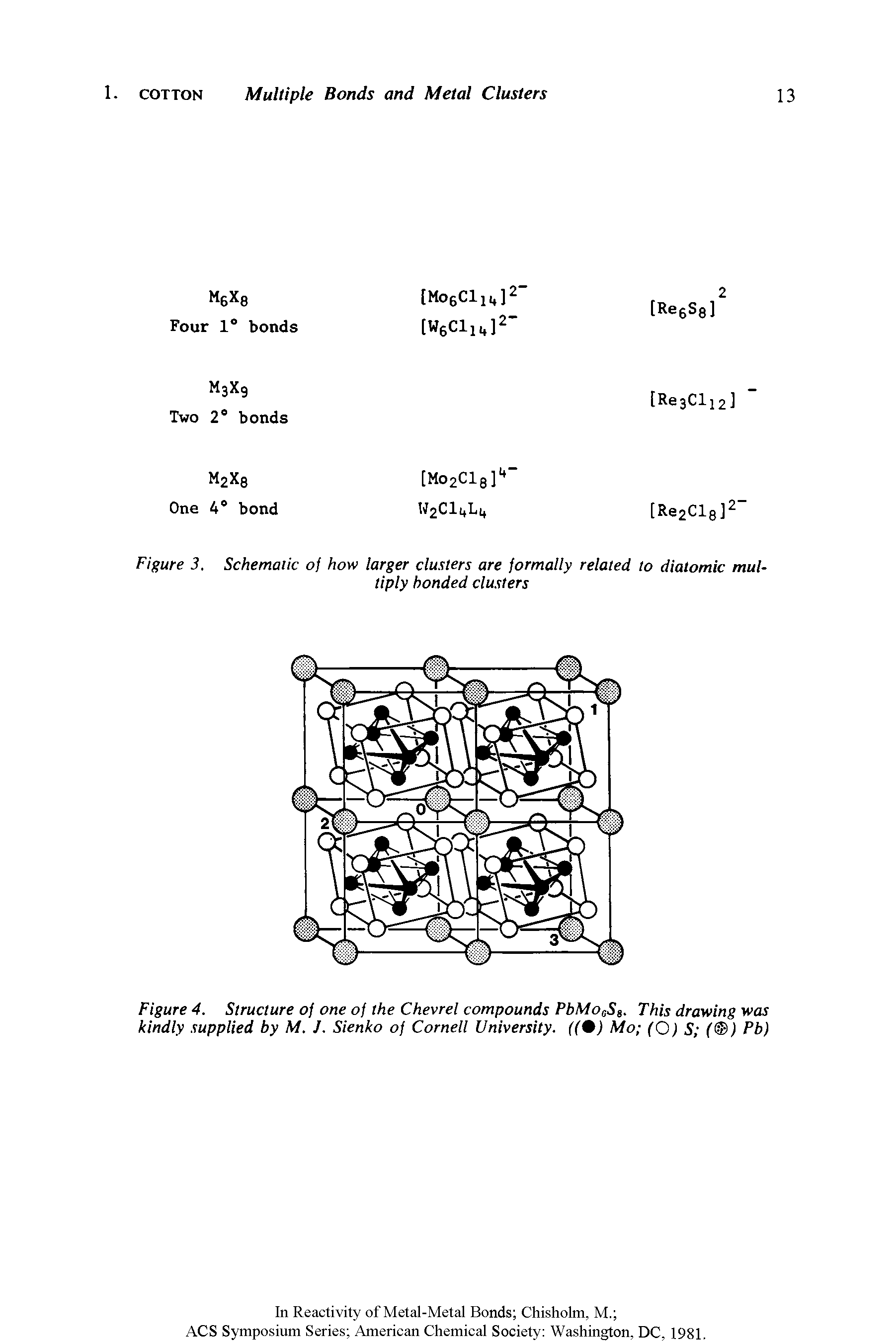 Figure 4. Structure of one of the Chevrel compounds PbMo6Ss. This drawing was kindly supplied by M. J. Sienko of Cornell University. ((%) Mo (O) S ( ) Pb)...