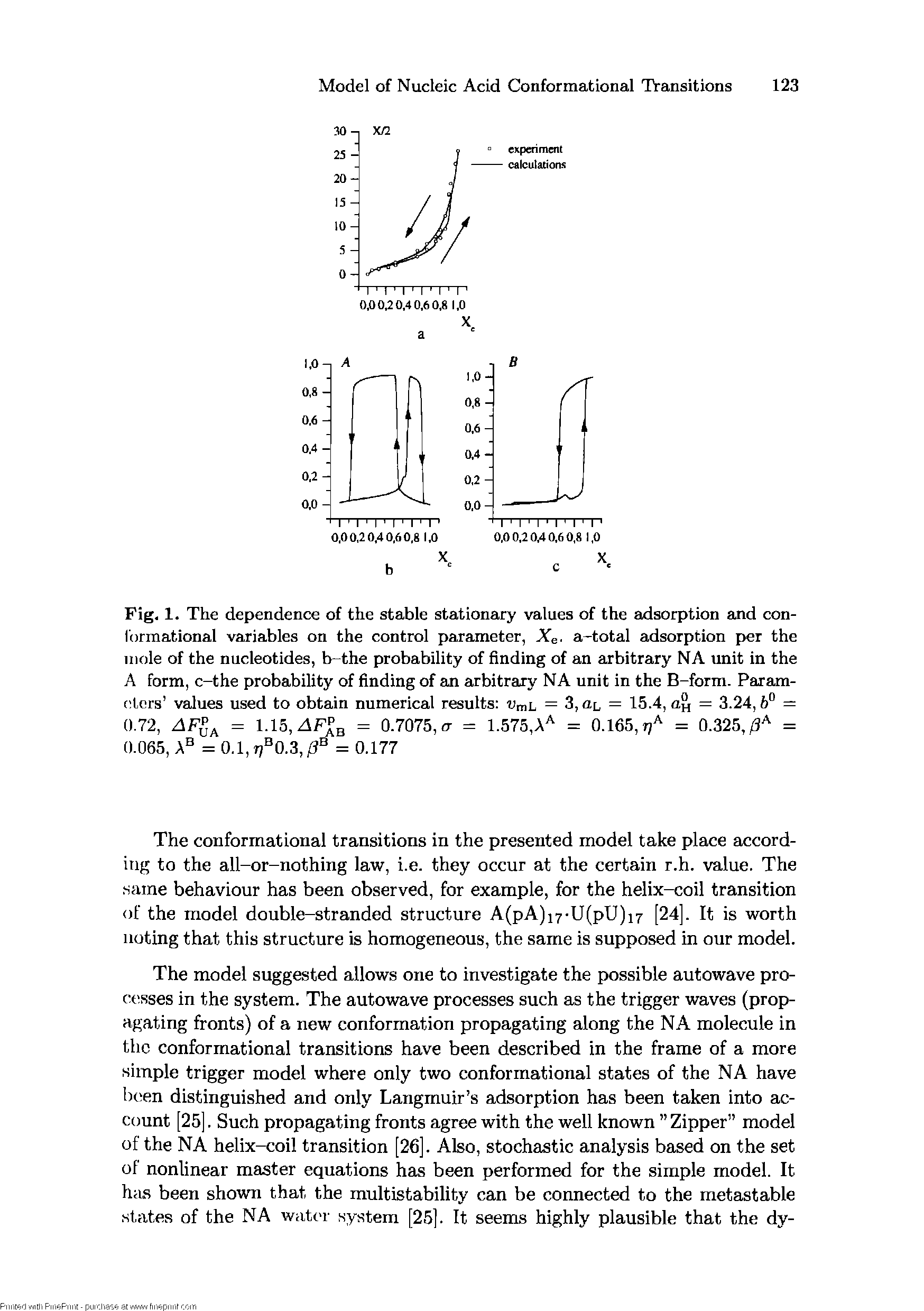 Fig. 1. The dependence of the stable stationary values of the adsorption and conformational variables on the control parameter, Xe. a-total adsorption per the mole of the nucleotides, b-the probability of finding of an arbitrary NA unit in the A form, c-the probability of finding of an arbitrary NA unit in the B-form. Param-(ders values used to obtain numerical results Vmi = 3,nL = 15.4, = 3.24,6° =...