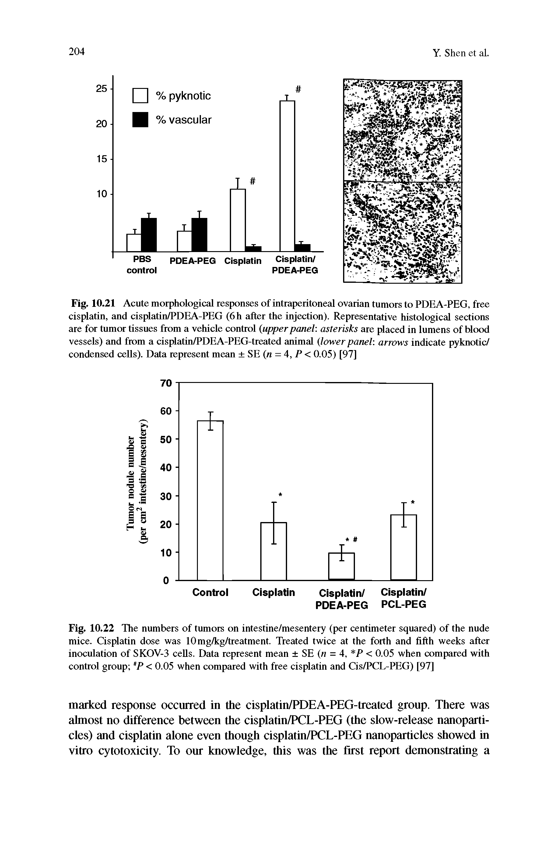 Fig. 10.21 Acute morphological responses of mtraperitoneal ovarian tumors to PDEA-PEG, free cisplatin, and cisplatin/PDEA-PEG (6h after the injection). Representative histological sections are for tumor tissues from a vehicle control upper panel, asterisks are placed in lumens of blood vessels) and from a cisplatin/PDEA-PEG-treated animal lower panel arrows indicate pyknotic/ condensed cells). Data represent mean SE ( = 4, P < 0.05) [97]...