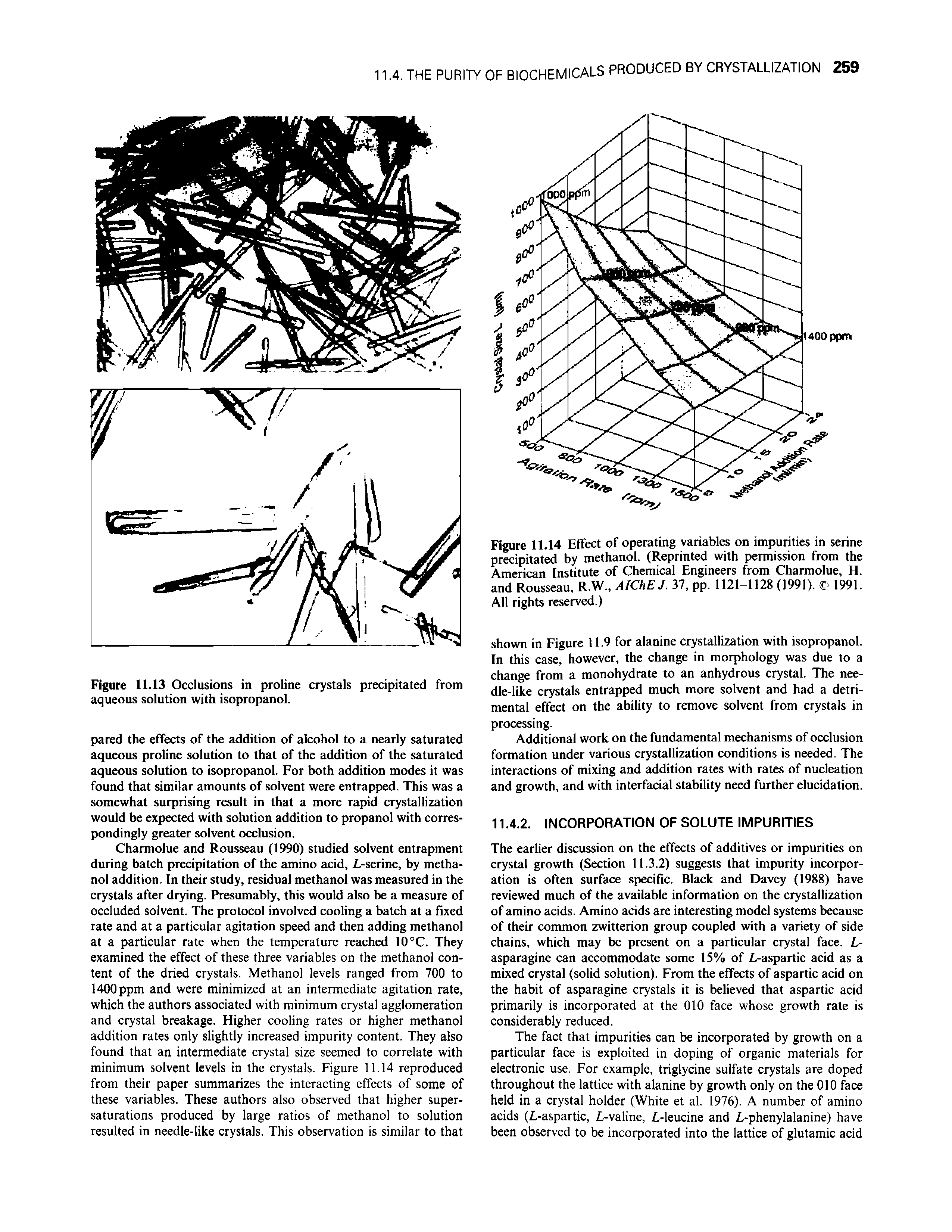 Figure 11.14 Effect of operating variables on impurities in serine precipitated by methanol. (Reprinted with permission from the American Institute of Chemical Engineers from Charmolue, H. and Rousseau, R.W., AIChE J.Yl, pp. 1121 1128 (1991). 1991. All rights reserved.)...