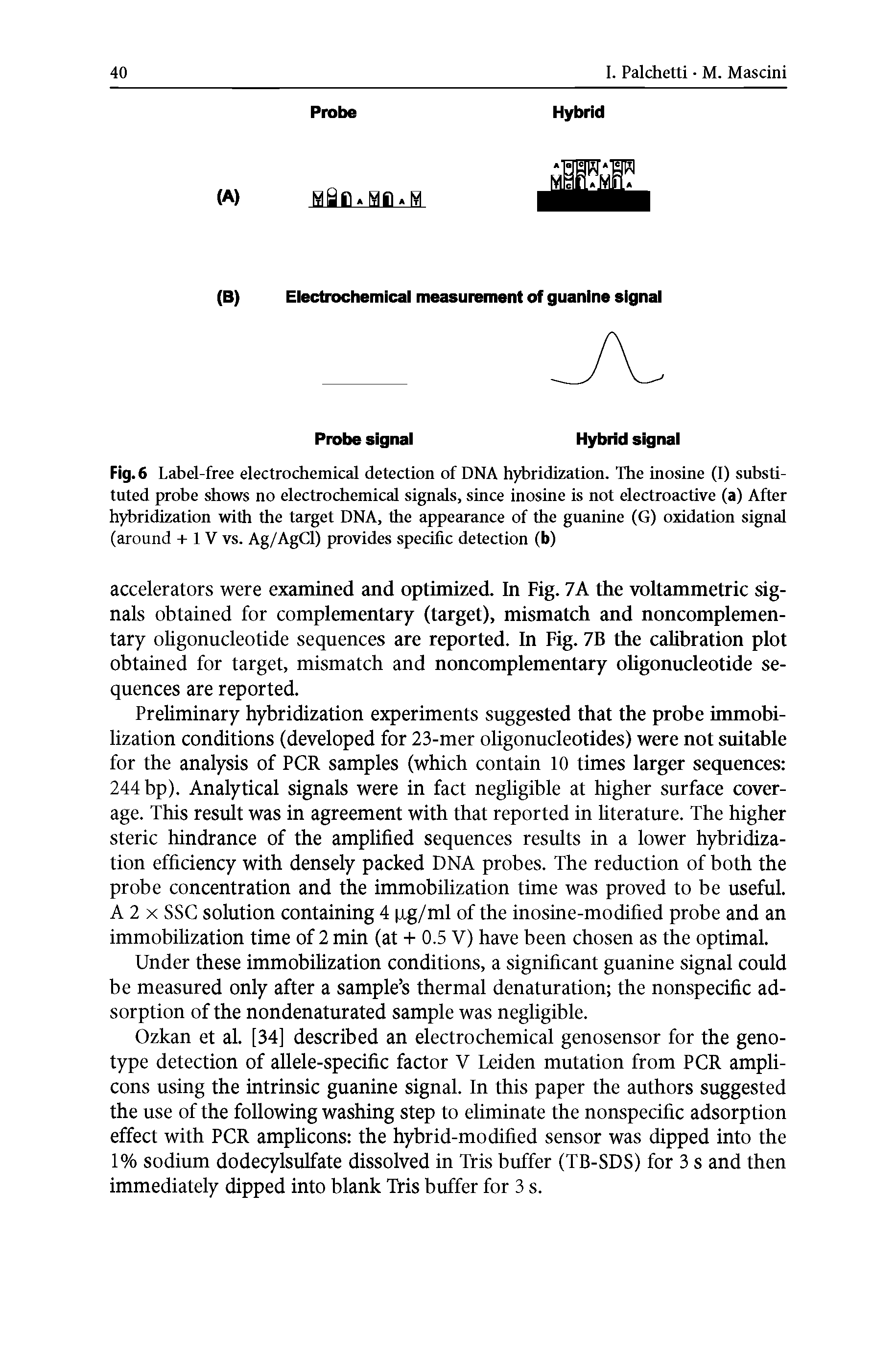 Fig. 6 Label-free electrochemical detection of DNA hybridization. The inosine (I) substituted probe shows no electrochemical signals, since inosine is not electroactive (a) After hybridization with the target DNA, the appearance of the guanine (G) oxidation signal (around + 1 V vs. Ag/AgCl) provides specific detection (b)...