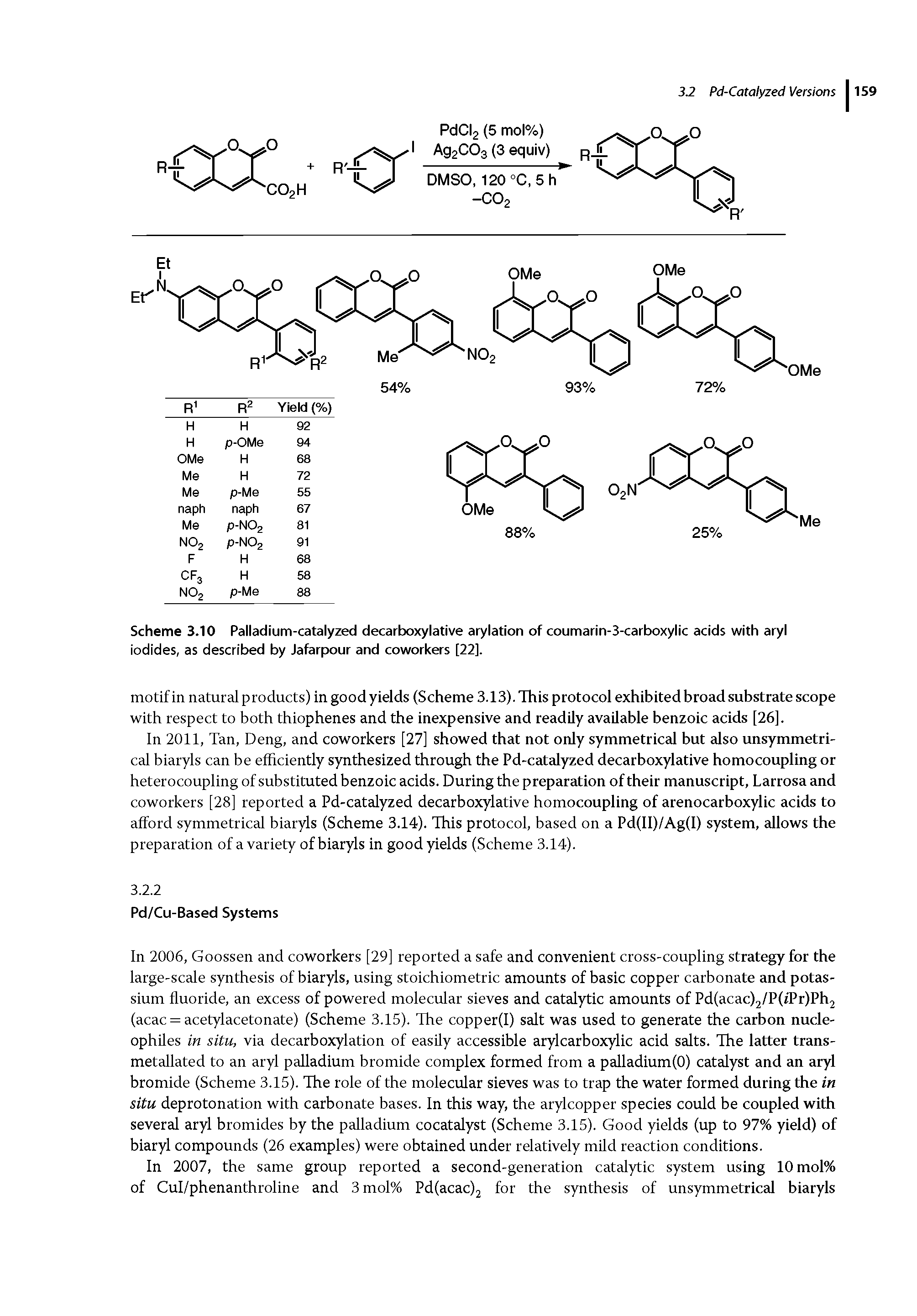 Scheme 3.10 Palladium-catalyzed decarboxylative atylation of coumarin-3-carboxylic acids with aryl iodides, as described by Jafarpour and coworkers [22].