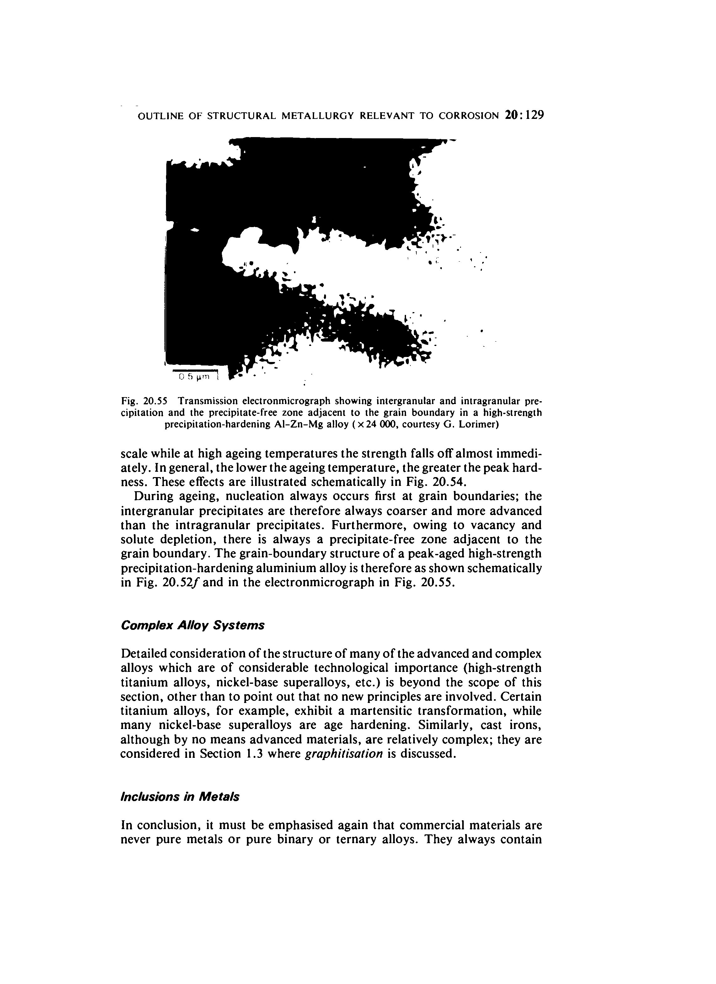 Fig. 20.SS Transmission electronmicrograph showing intergranular and imragranular precipitation and the precipitate-free zone adjacent to the grain boundary in a high-strength precipitation-hardening Al-Zn-Mg alloy (x24 000, courtesy G. Lorimer)...