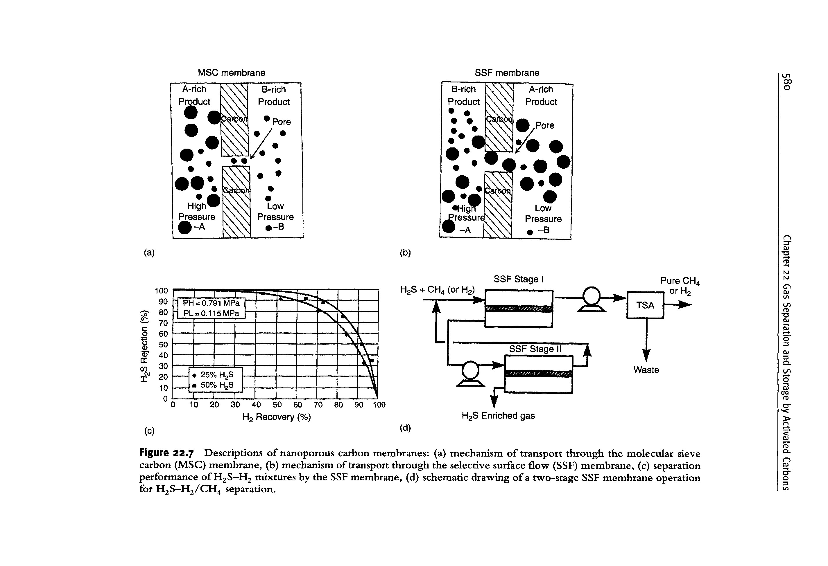Figure 22.7 Descriptions of nanoporous carbon membranes (a) mechanism of transport through the molecular sieve carbon (MSC) membrane, (b) mechanism of transport through the selective surface flow (SSF) membrane, (c) separation performance of H2S—H2 mixtures by the SSF membrane, (d) schematic drawing of a two-stage SSF membrane operation for Fl2S—FI2/CH4 separation.