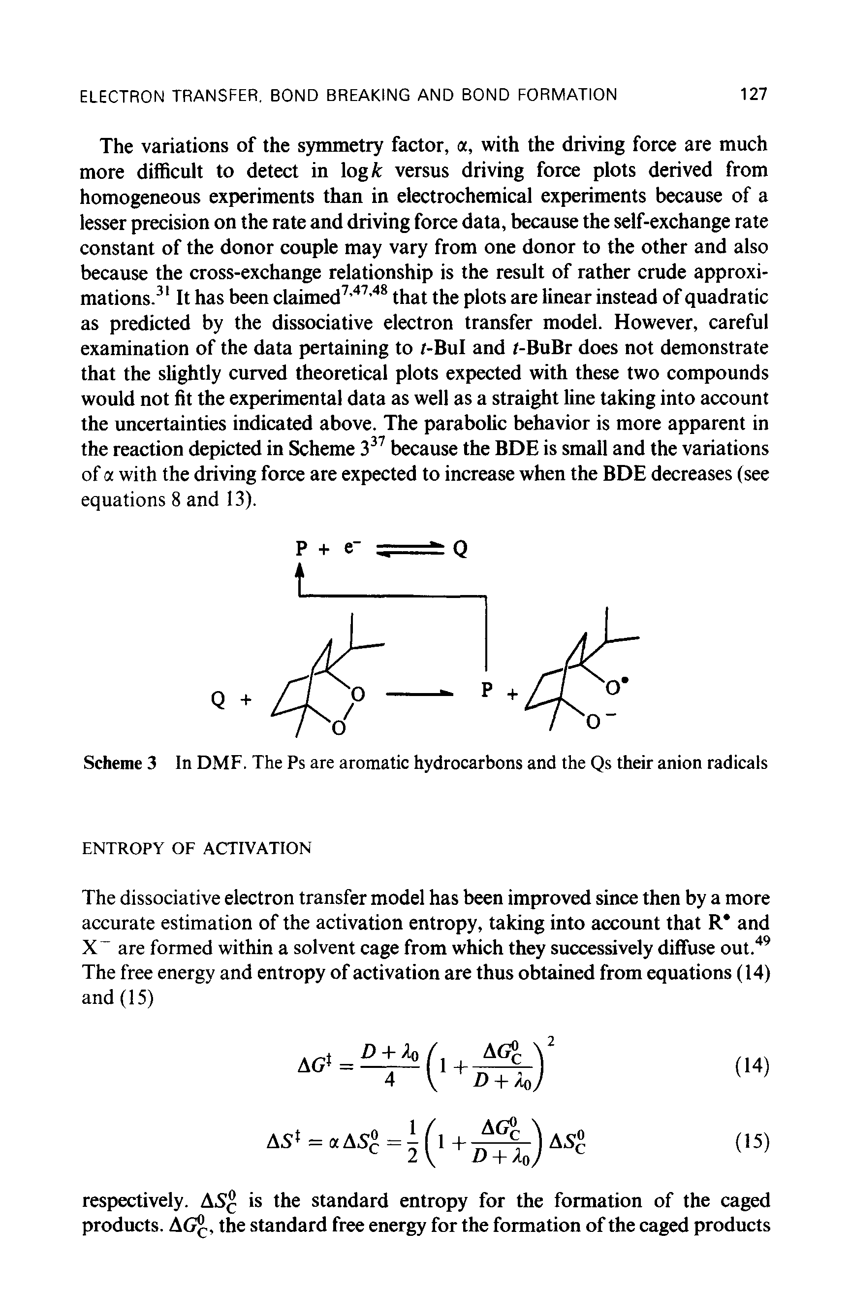 Scheme 3 In DMF. The Ps are aromatic hydrocarbons and the Qs their anion radicals...