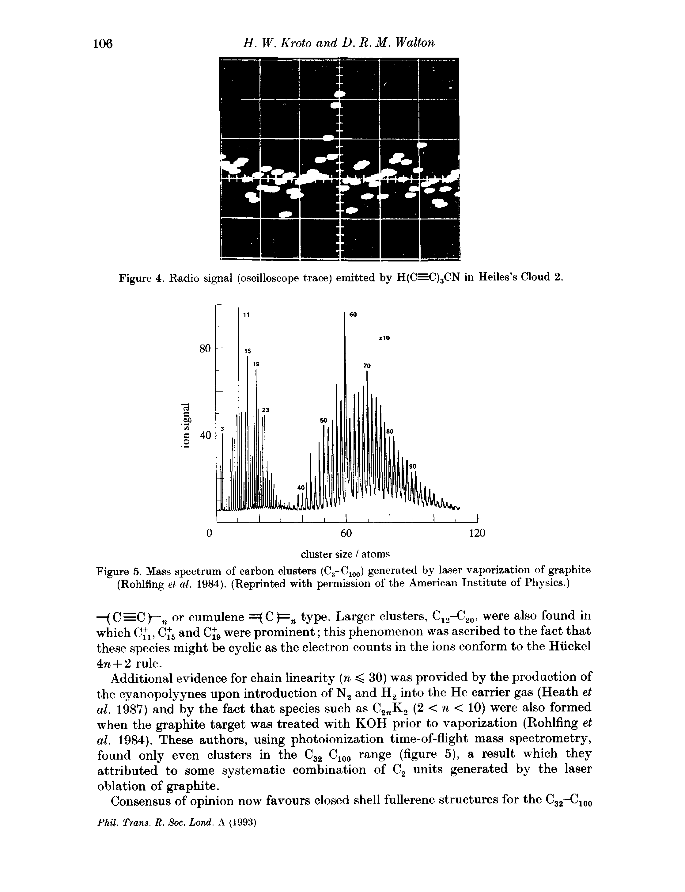 Figure 5. Mass spectrum of carbon clusters (C3-C100) generated by laser vaporization of graphite (Rohlfing el al. 1984). (Reprinted with permission of the American Institute of Physics.)...
